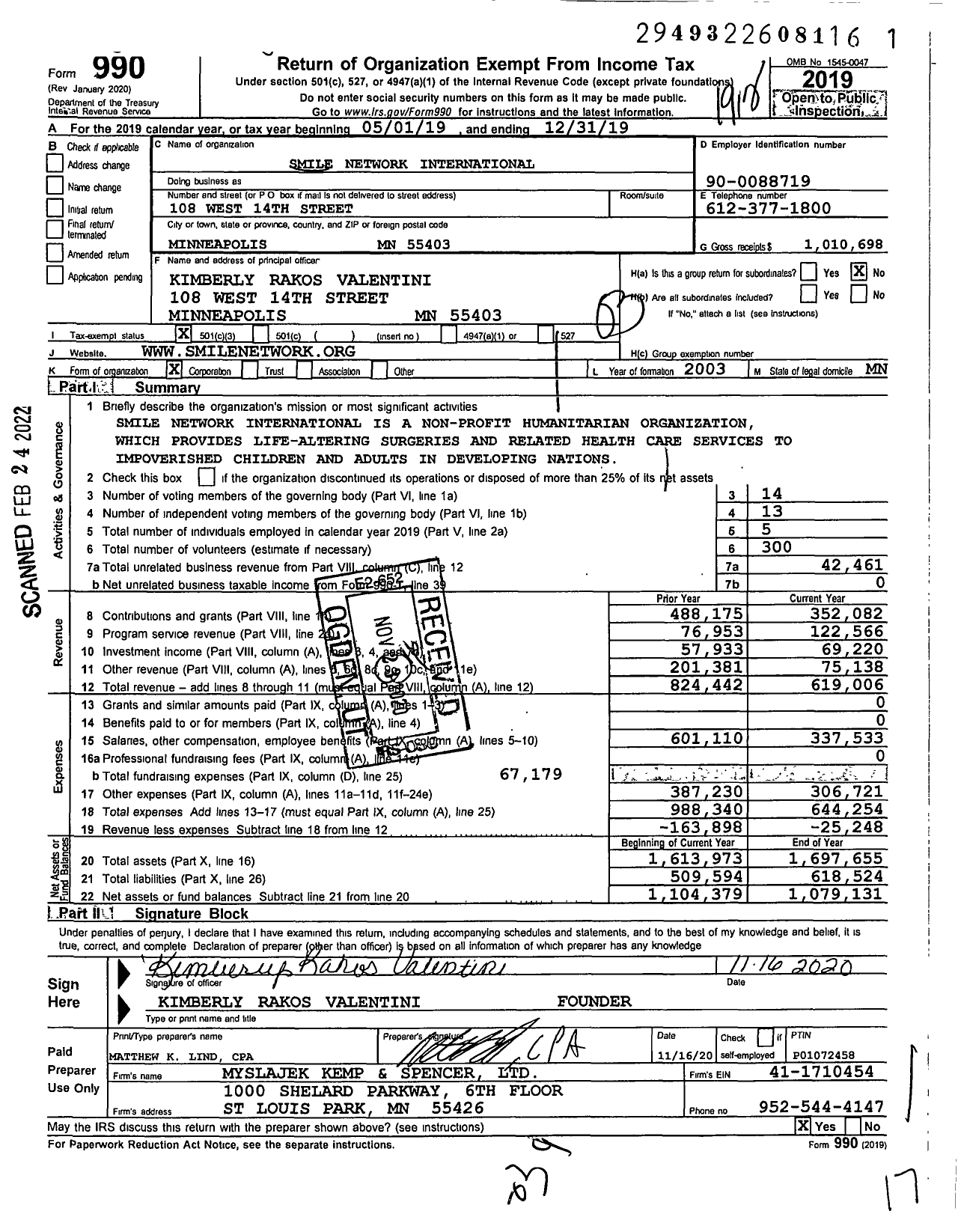 Image of first page of 2019 Form 990 for Smile Network International