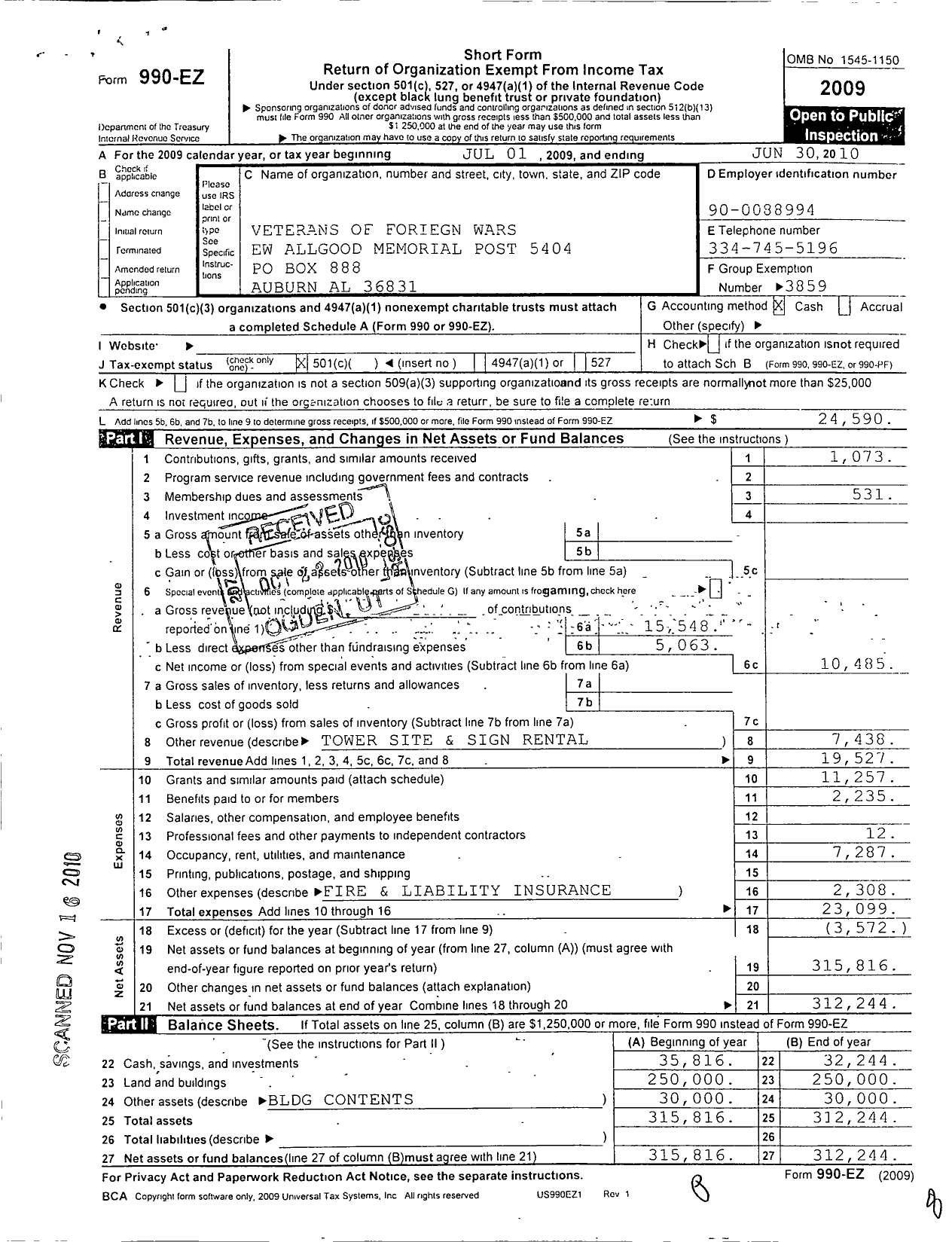 Image of first page of 2009 Form 990EO for E W Allgood Memorial Post 5404