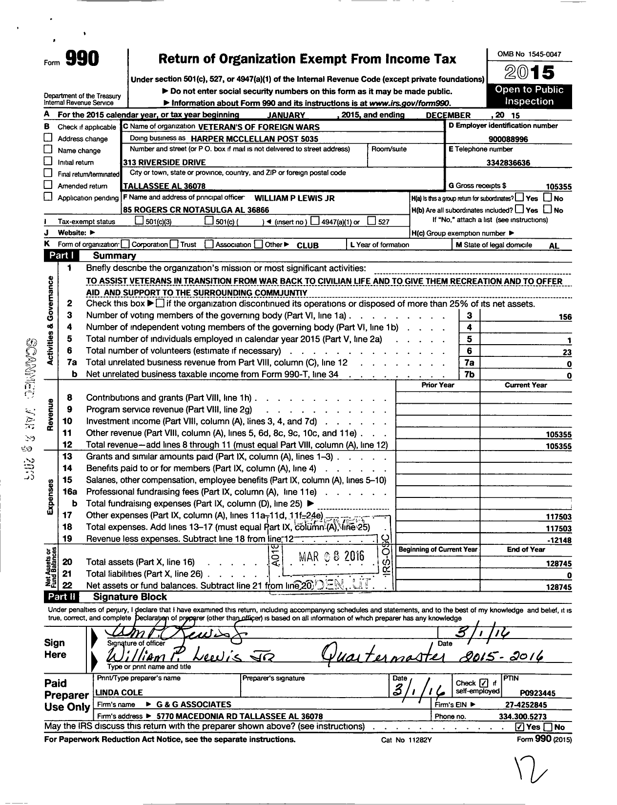 Image of first page of 2015 Form 990O for Harper Mcclellan Post 5035 Veterans of Foreign Wars