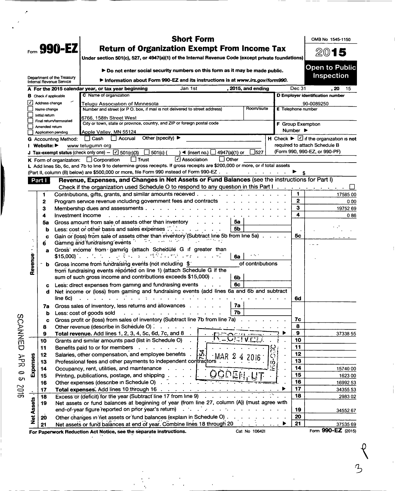 Image of first page of 2015 Form 990EZ for Telugu Association of Minnesota