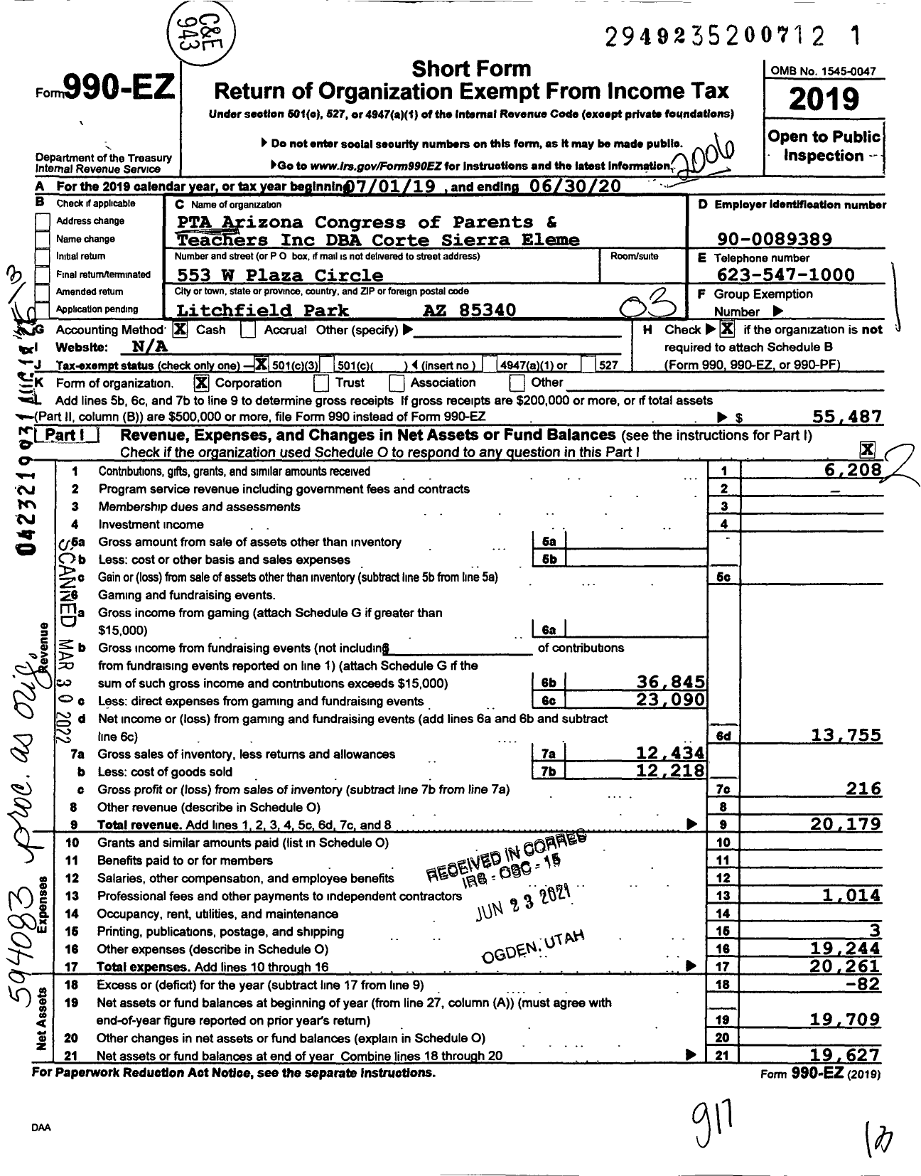 Image of first page of 2019 Form 990EZ for PTA Arizona Congress of Parents and Teachers / Corte Sierra Elementary