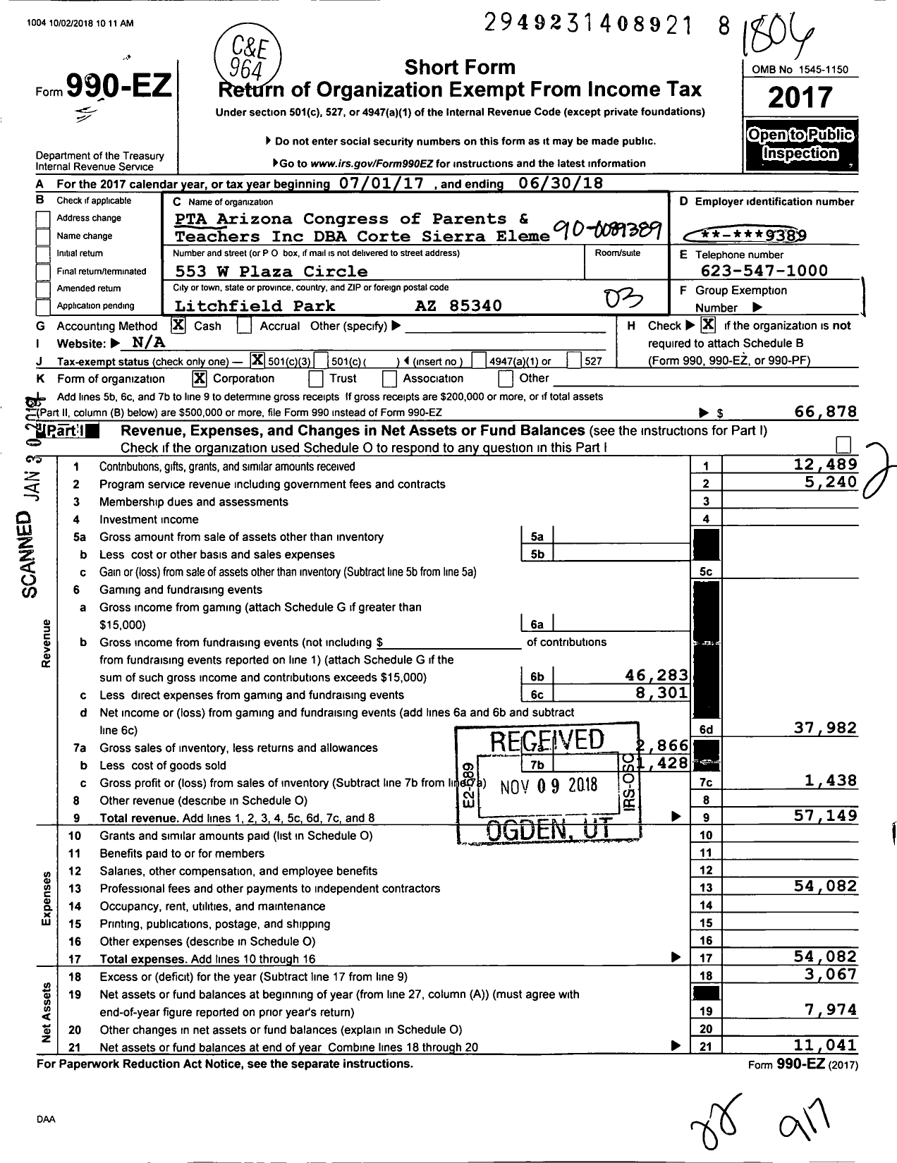 Image of first page of 2017 Form 990EZ for PTA Arizona Congress of Parents and Teachers / Corte Sierra Elementary