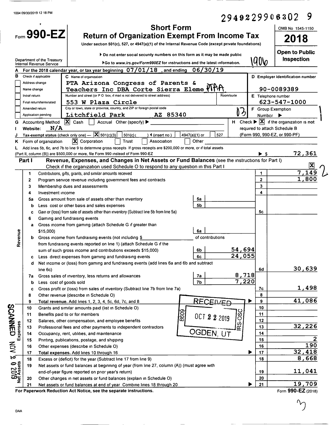 Image of first page of 2018 Form 990EZ for PTA Arizona Congress of Parents and Teachers / Corte Sierra Elementary