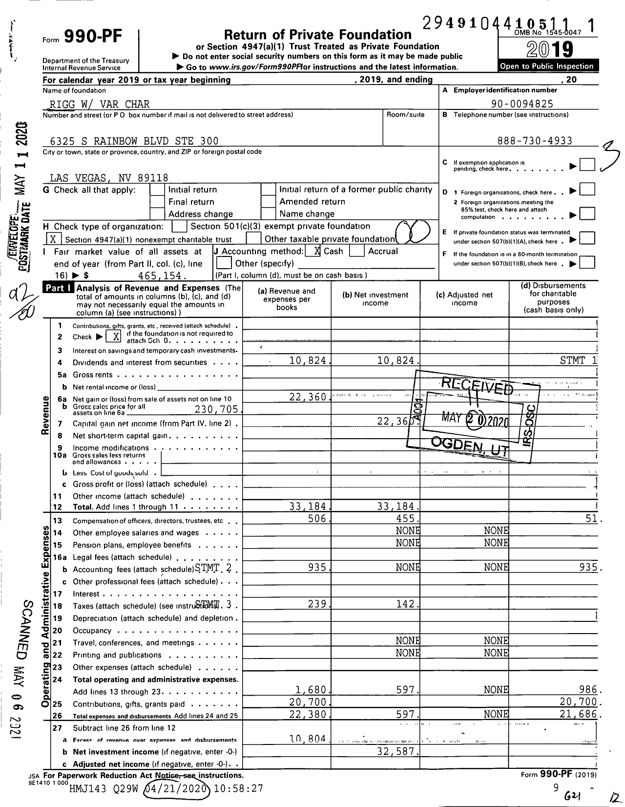 Image of first page of 2019 Form 990PF for Rigg W Var Char