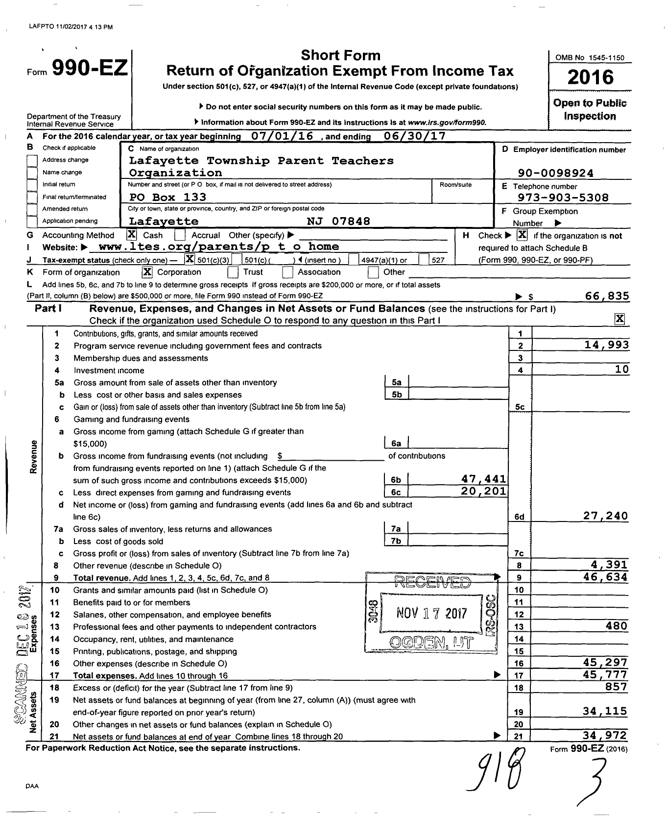 Image of first page of 2016 Form 990EZ for Lafayette Township Parent Teachers Organization