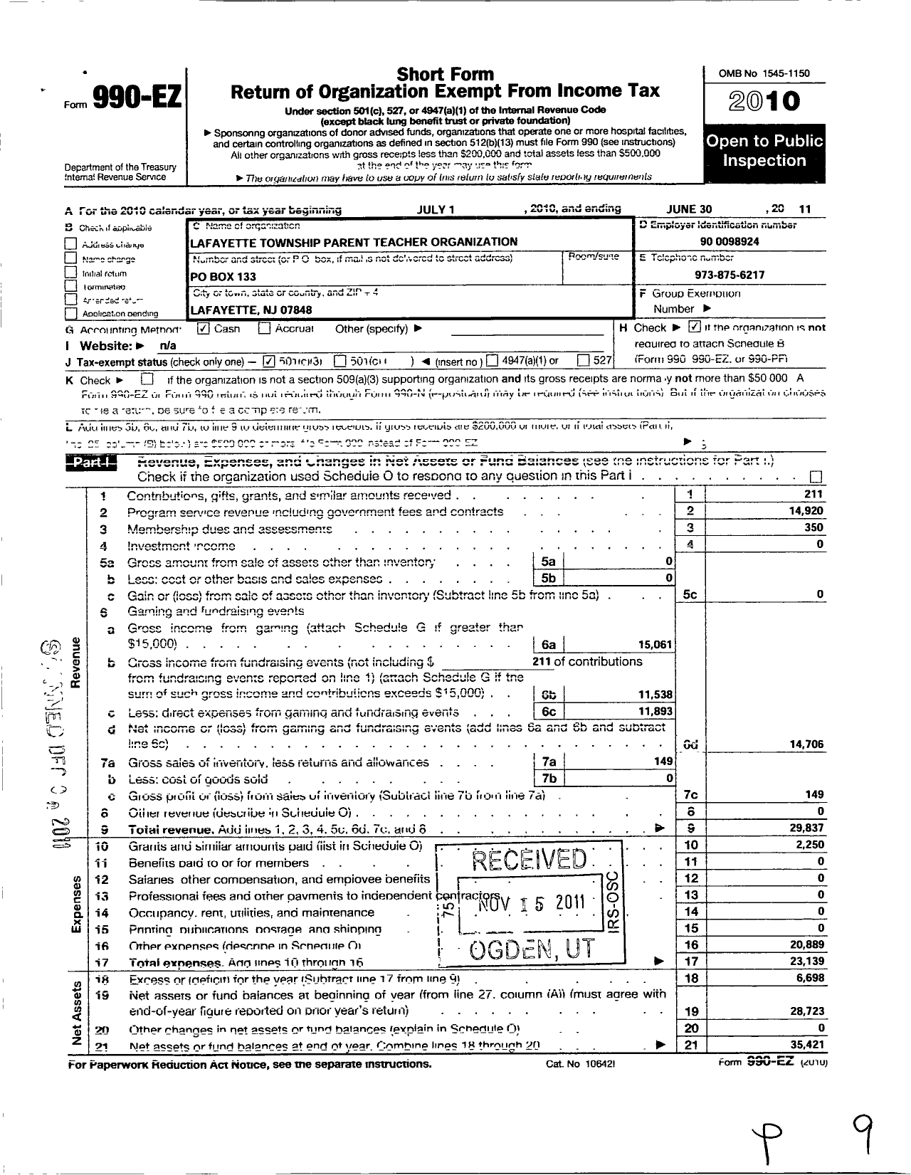 Image of first page of 2010 Form 990EZ for Lafayette Township Parent Teachers Organization
