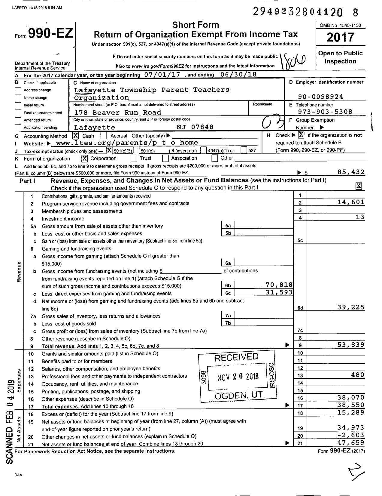 Image of first page of 2017 Form 990EZ for Lafayette Township Parent Teachers Organization