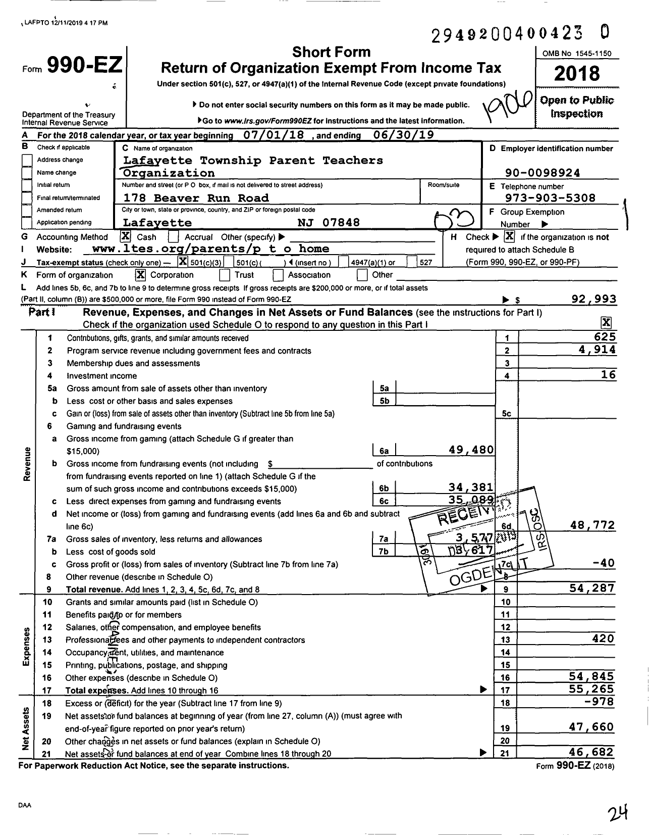 Image of first page of 2018 Form 990EZ for Lafayette Township Parent Teachers Organization