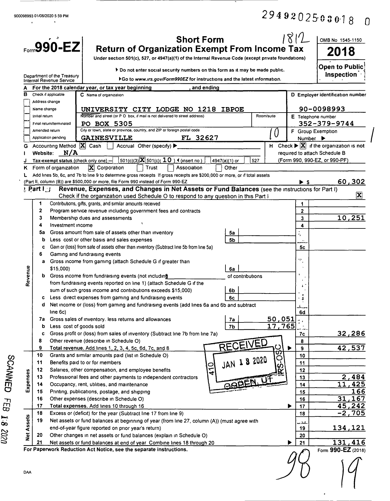 Image of first page of 2018 Form 990EO for University City Lodge No 1218 Ibpoe