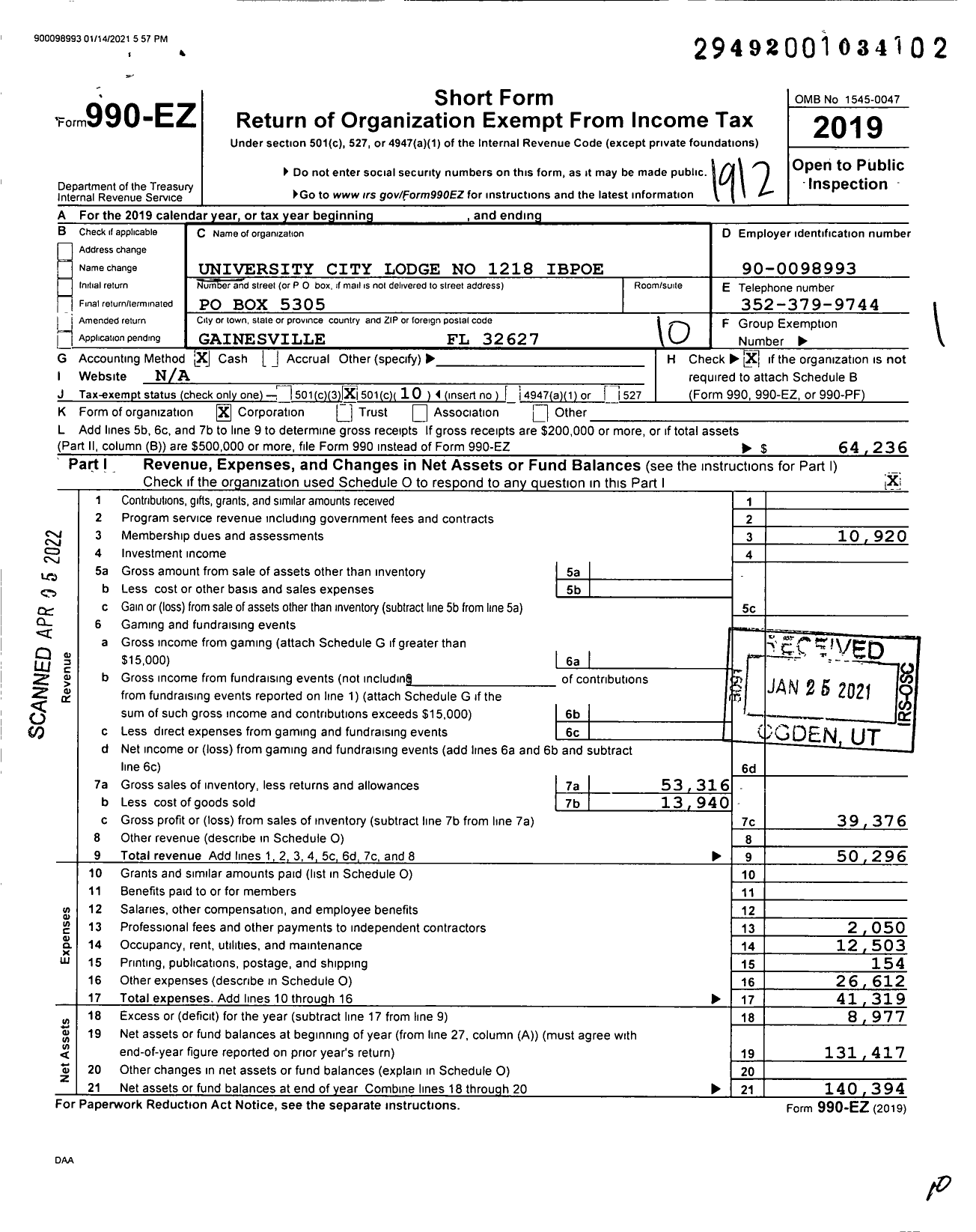 Image of first page of 2019 Form 990EO for University City Lodge No 1218 Ibpoe