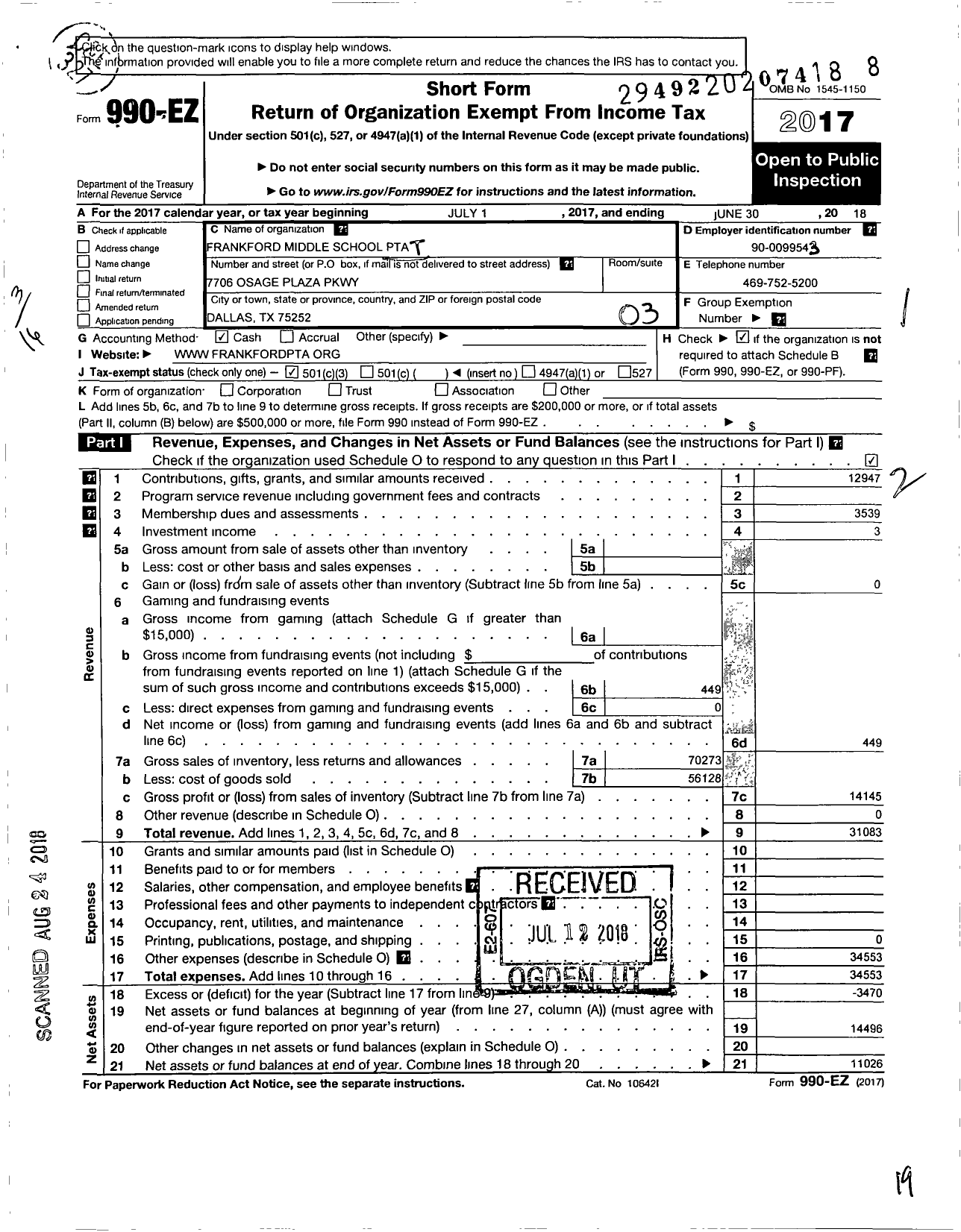 Image of first page of 2017 Form 990EZ for Texas PTA - Frankford Middle School PTA