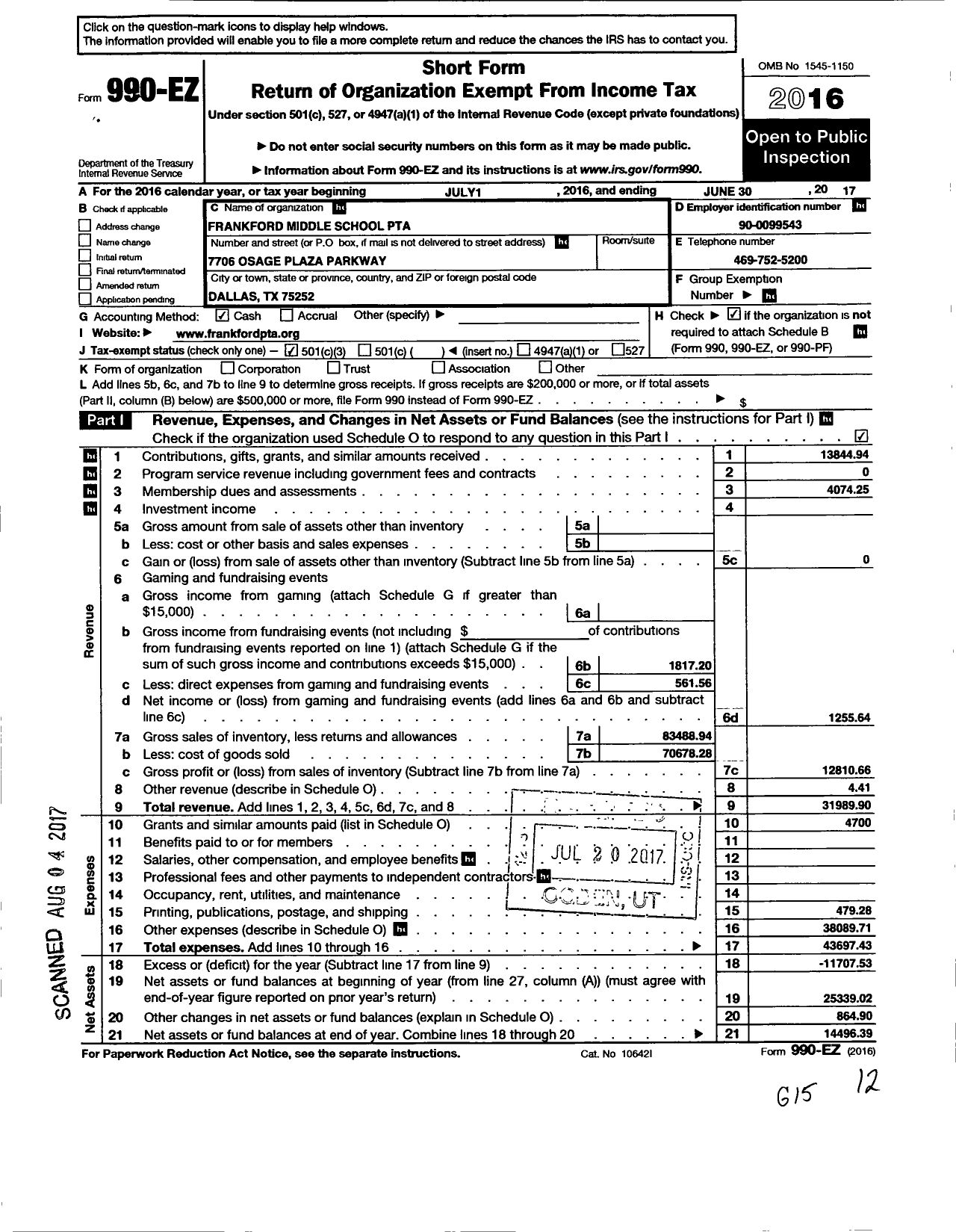 Image of first page of 2016 Form 990EZ for Texas PTA - Frankford Middle School PTA