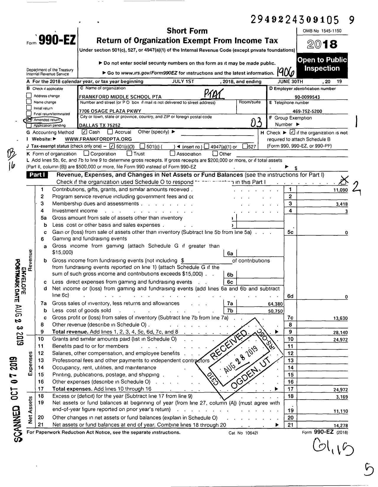 Image of first page of 2018 Form 990EZ for Texas PTA - Frankford Middle School PTA