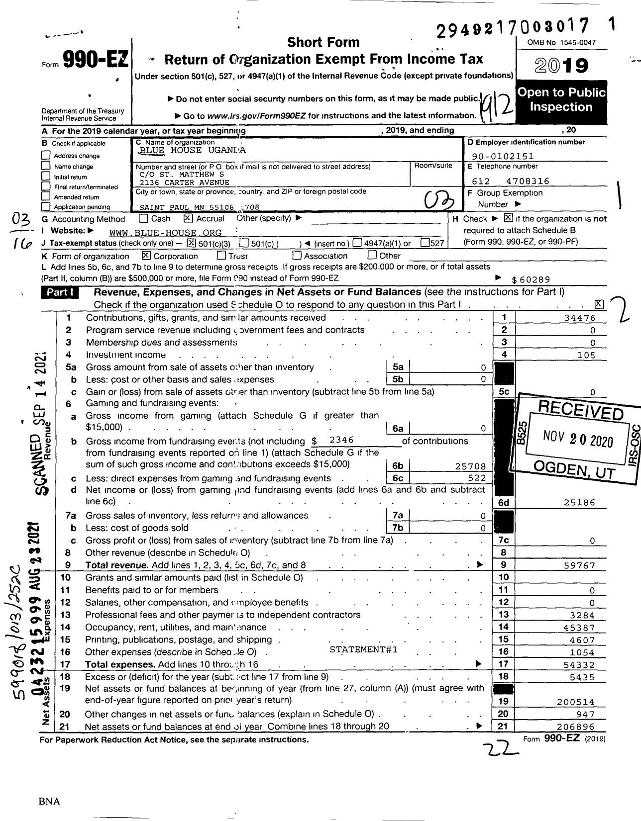 Image of first page of 2019 Form 990EZ for Blue House Uganda