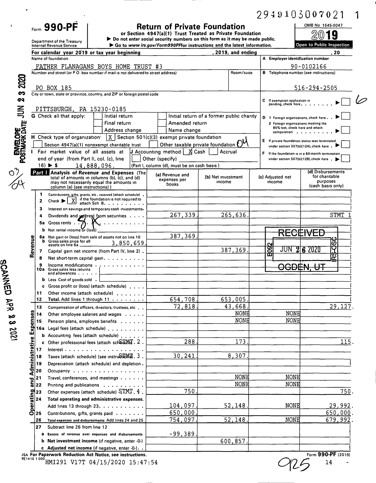 Image of first page of 2019 Form 990PF for Father Flanagans Boys Home Trust #3