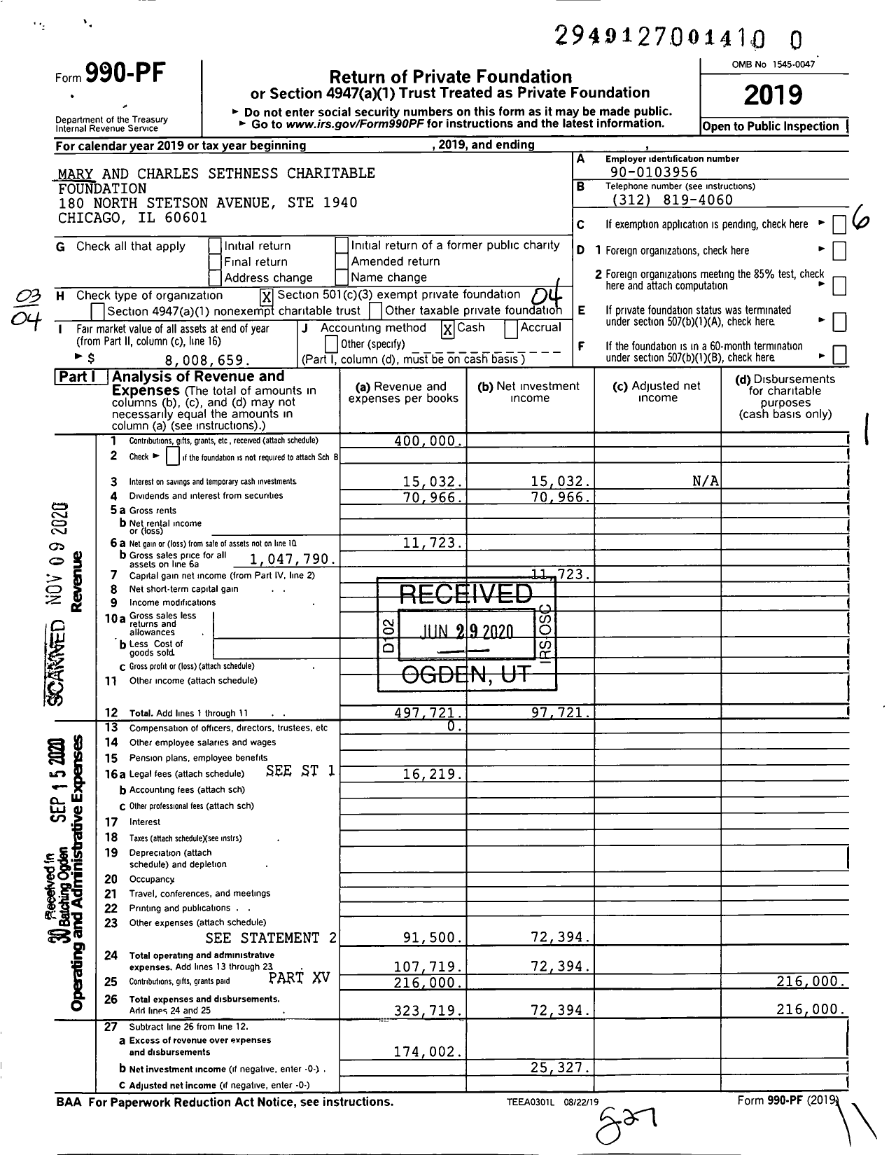 Image of first page of 2019 Form 990PF for Mary and Charles Sethness Charitable Foundation