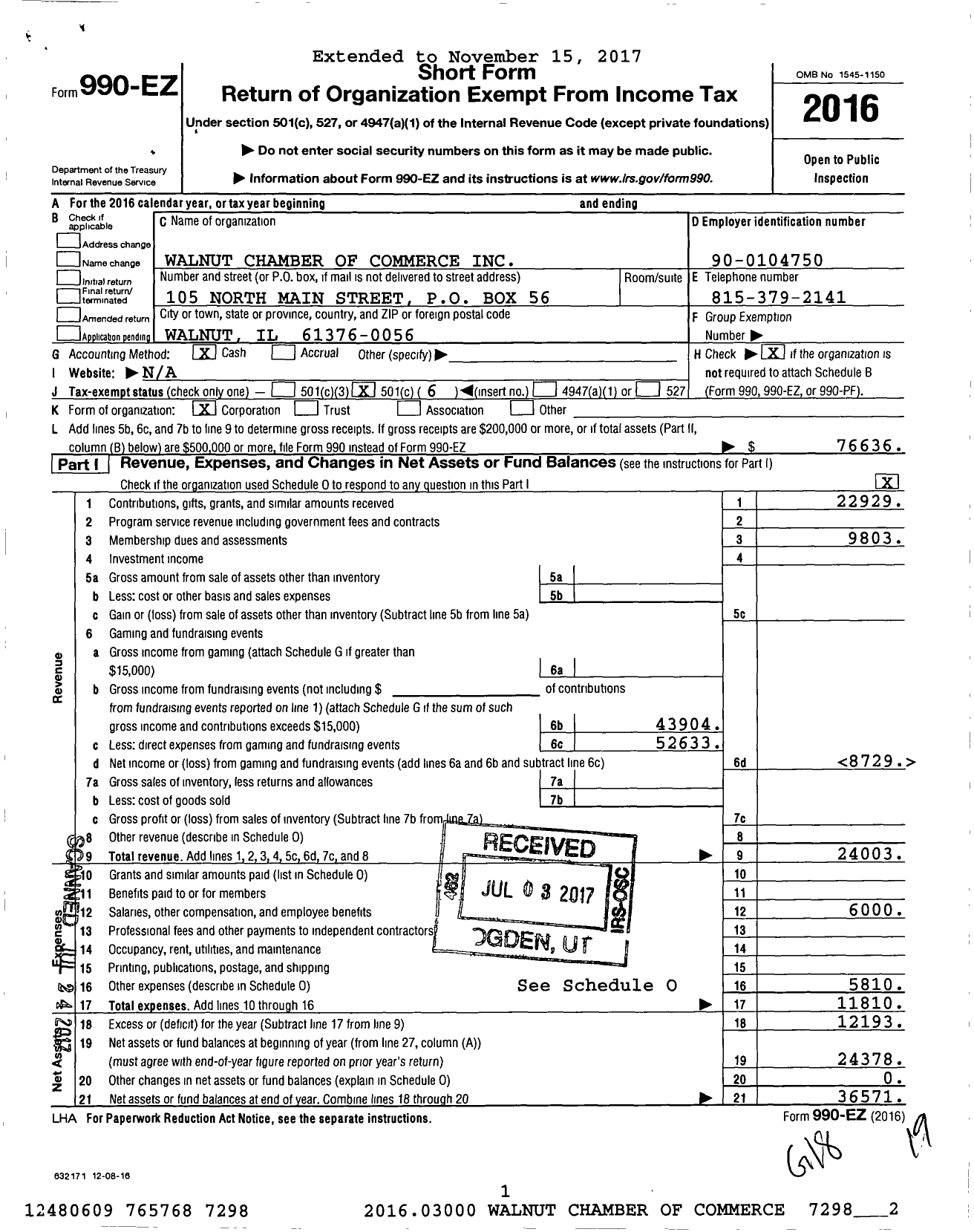 Image of first page of 2016 Form 990EO for Walnut Chamber of Commerce