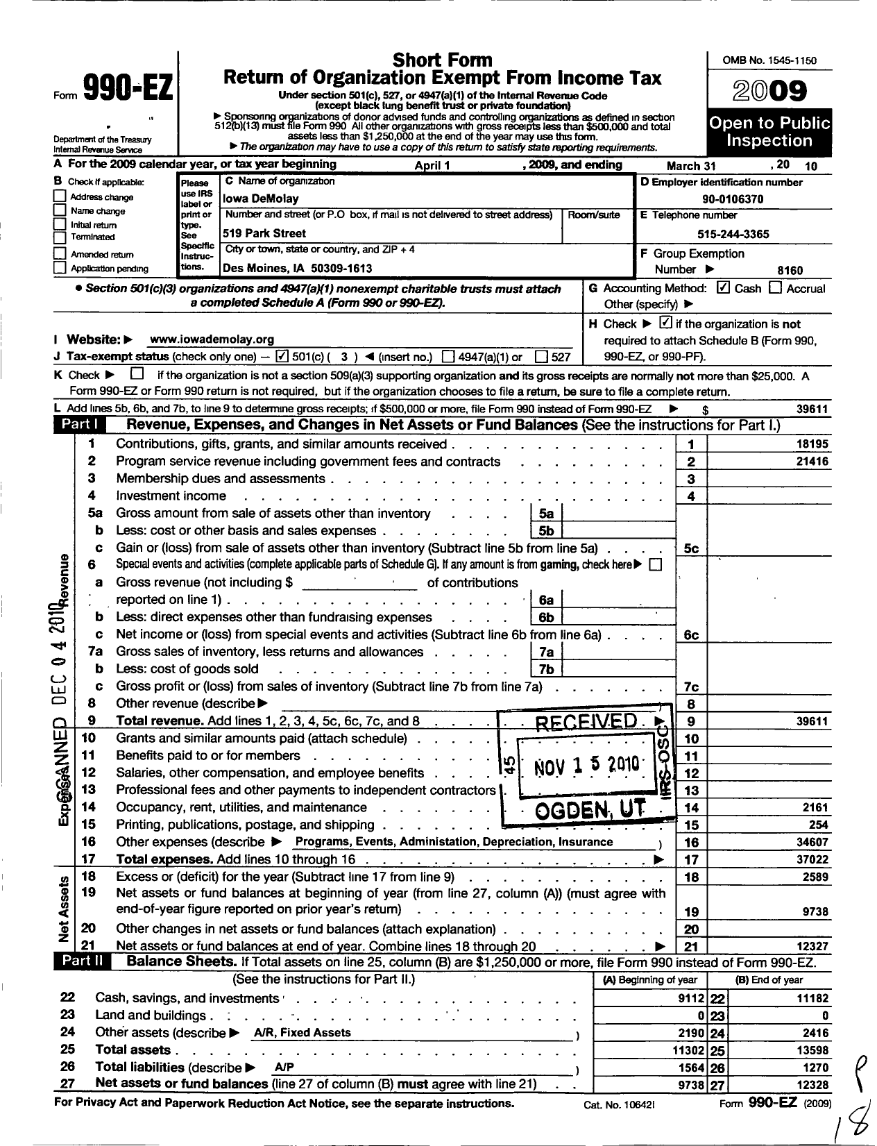 Image of first page of 2009 Form 990EZ for Demolay International - 16000 Iowa Demolay