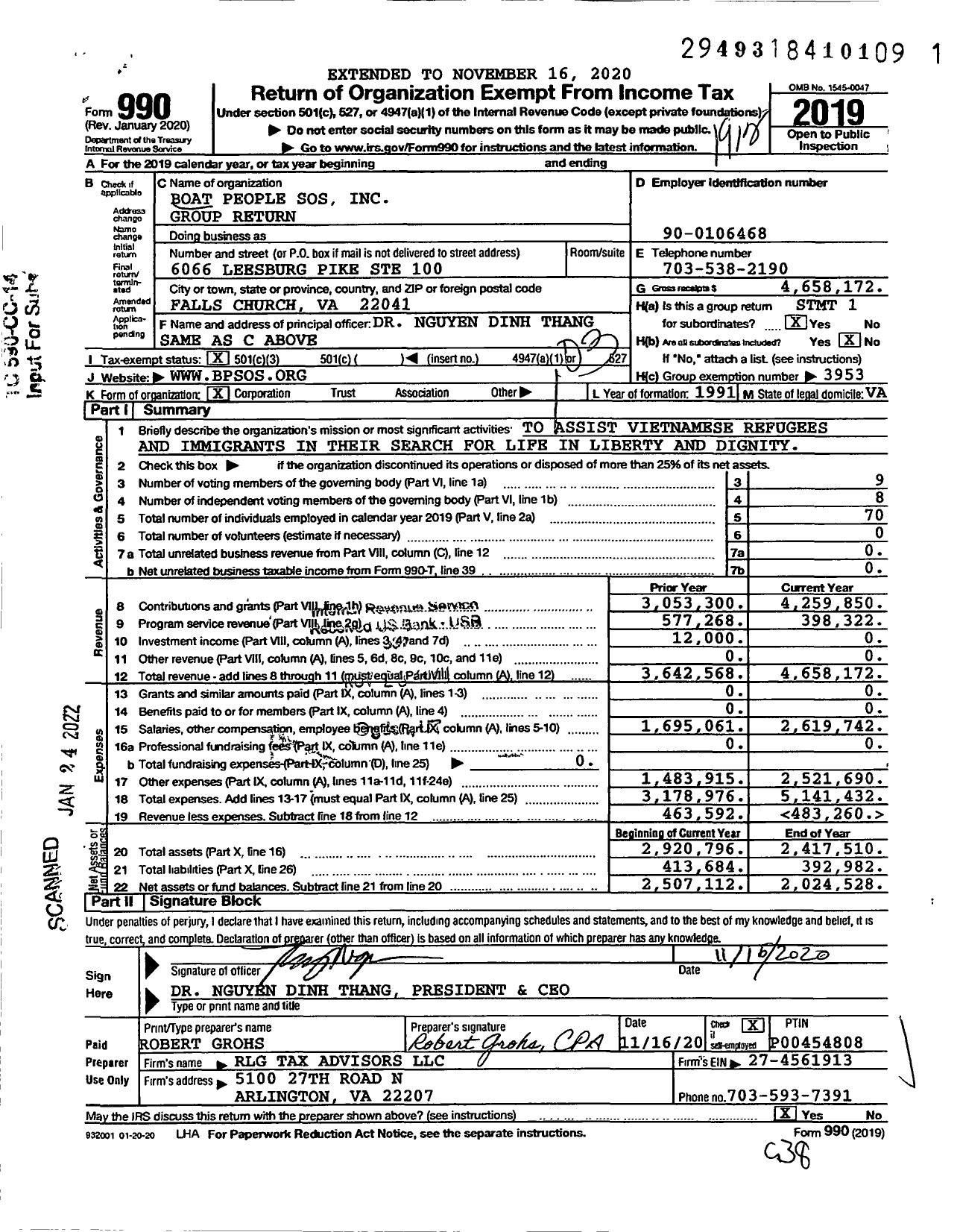 Image of first page of 2019 Form 990 for Boat People SOS / Group Return