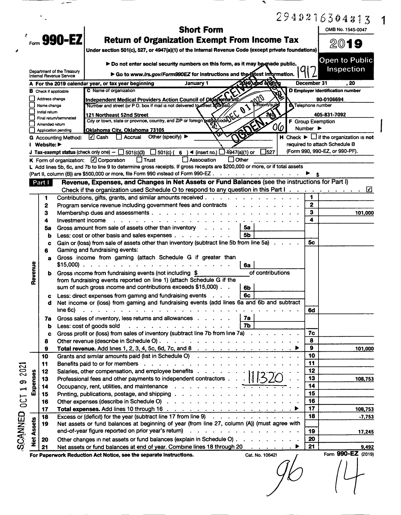 Image of first page of 2019 Form 990EO for Independent Medical Providers Action Council