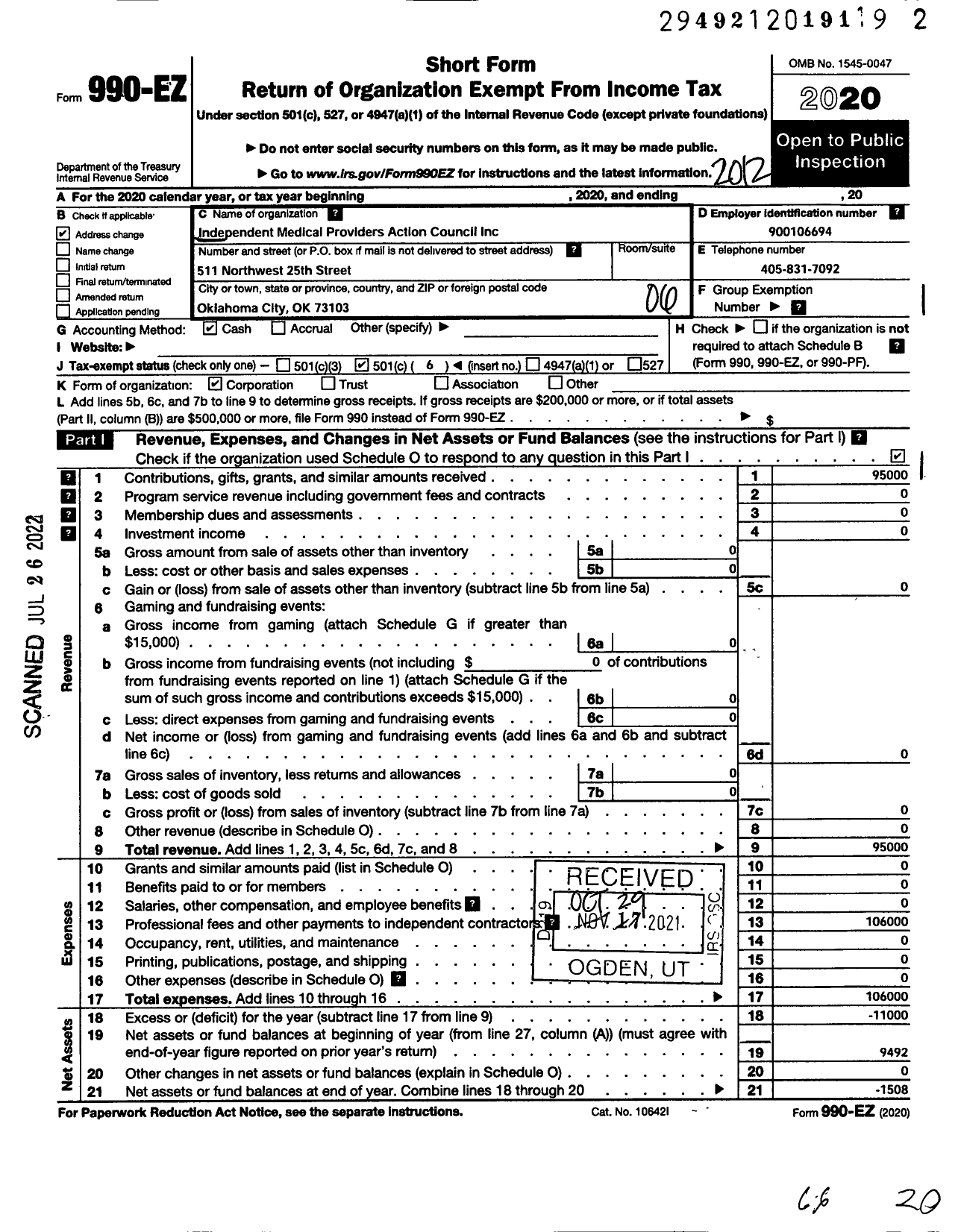 Image of first page of 2020 Form 990EO for Independent Medical Providers Action Council