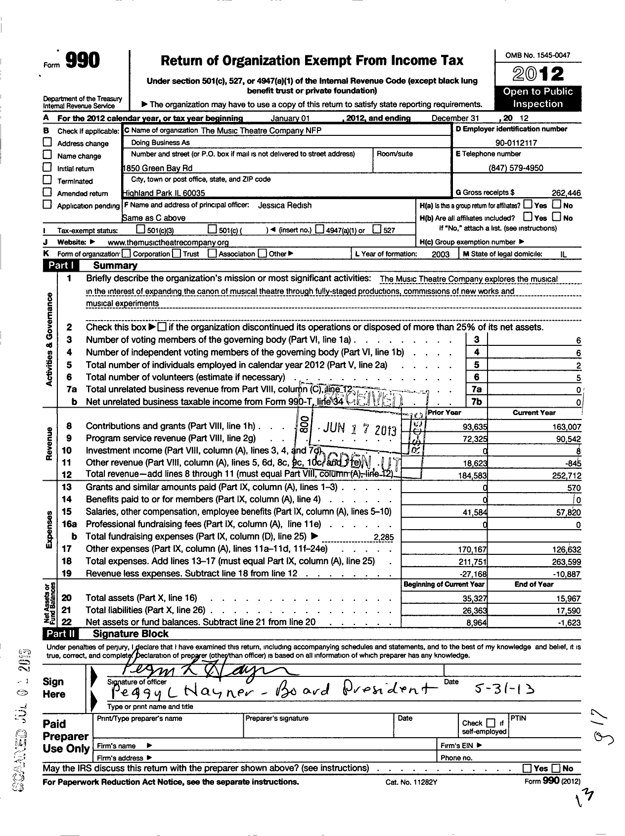 Image of first page of 2012 Form 990O for The Music Theatre Company NFP