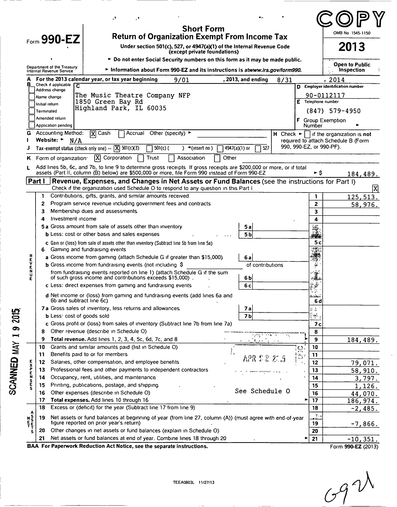 Image of first page of 2013 Form 990EZ for The Music Theatre Company NFP