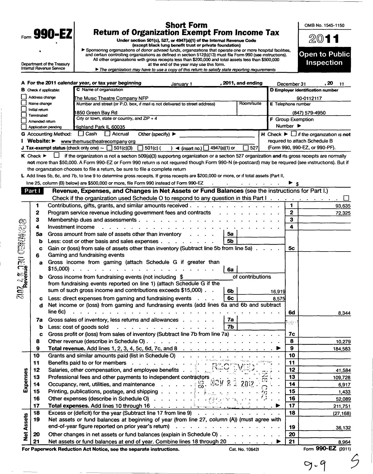 Image of first page of 2011 Form 990EO for The Music Theatre Company NFP