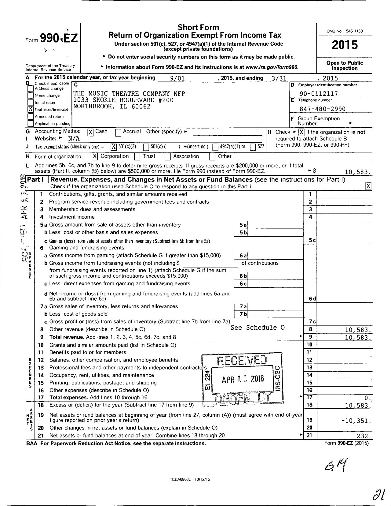 Image of first page of 2014 Form 990EZ for The Music Theatre Company NFP