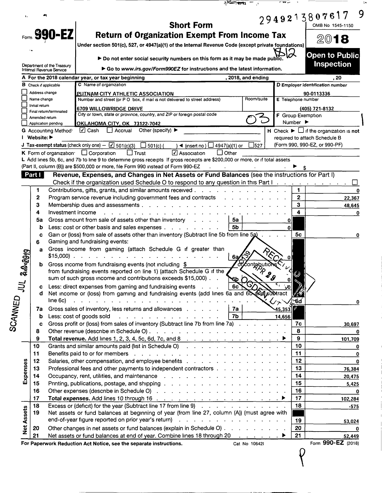 Image of first page of 2018 Form 990EZ for Optimist International - 07144 Putnam City Athlc Assc Oc Ok