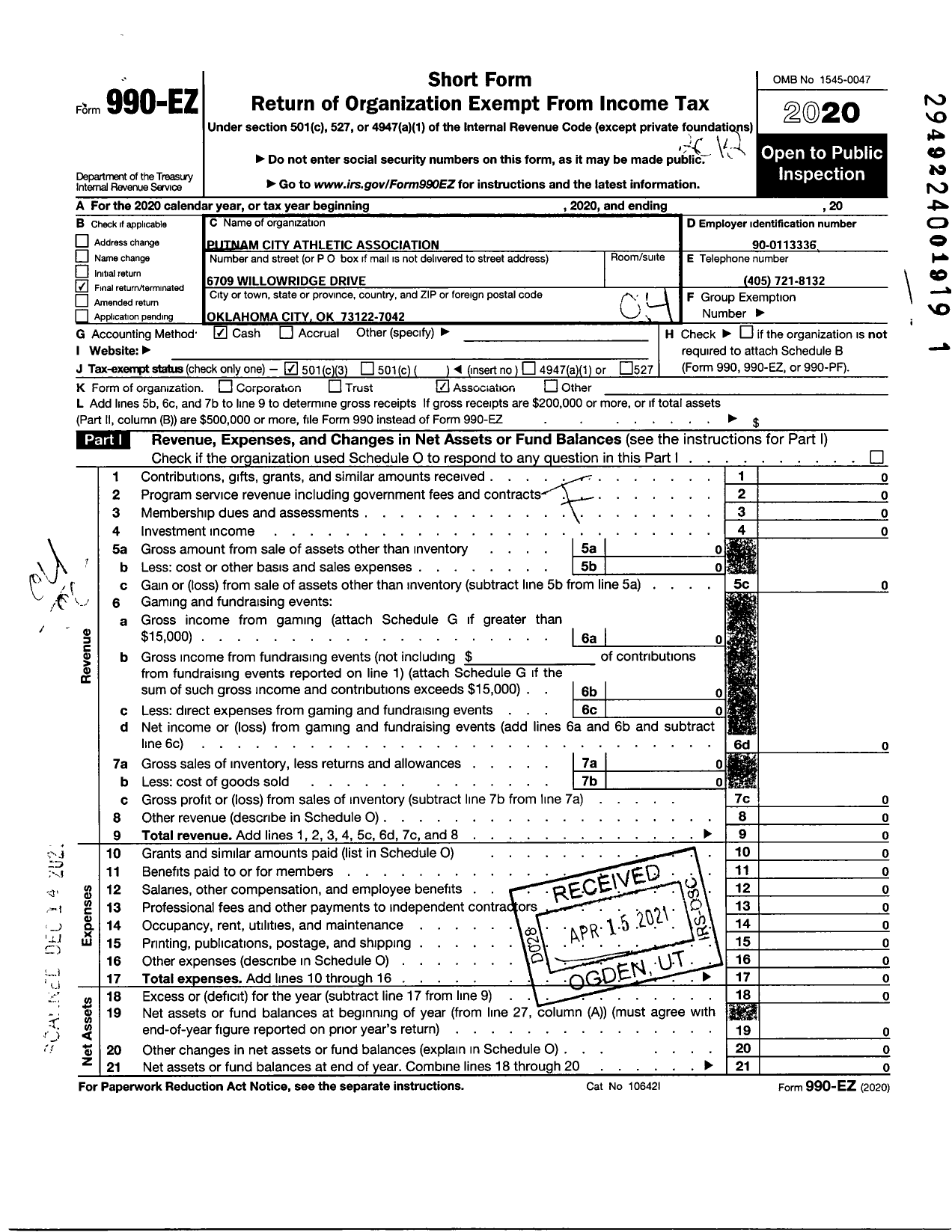 Image of first page of 2020 Form 990EO for Optimist International - 07144 Putnam City Athlc Assc Oc Ok