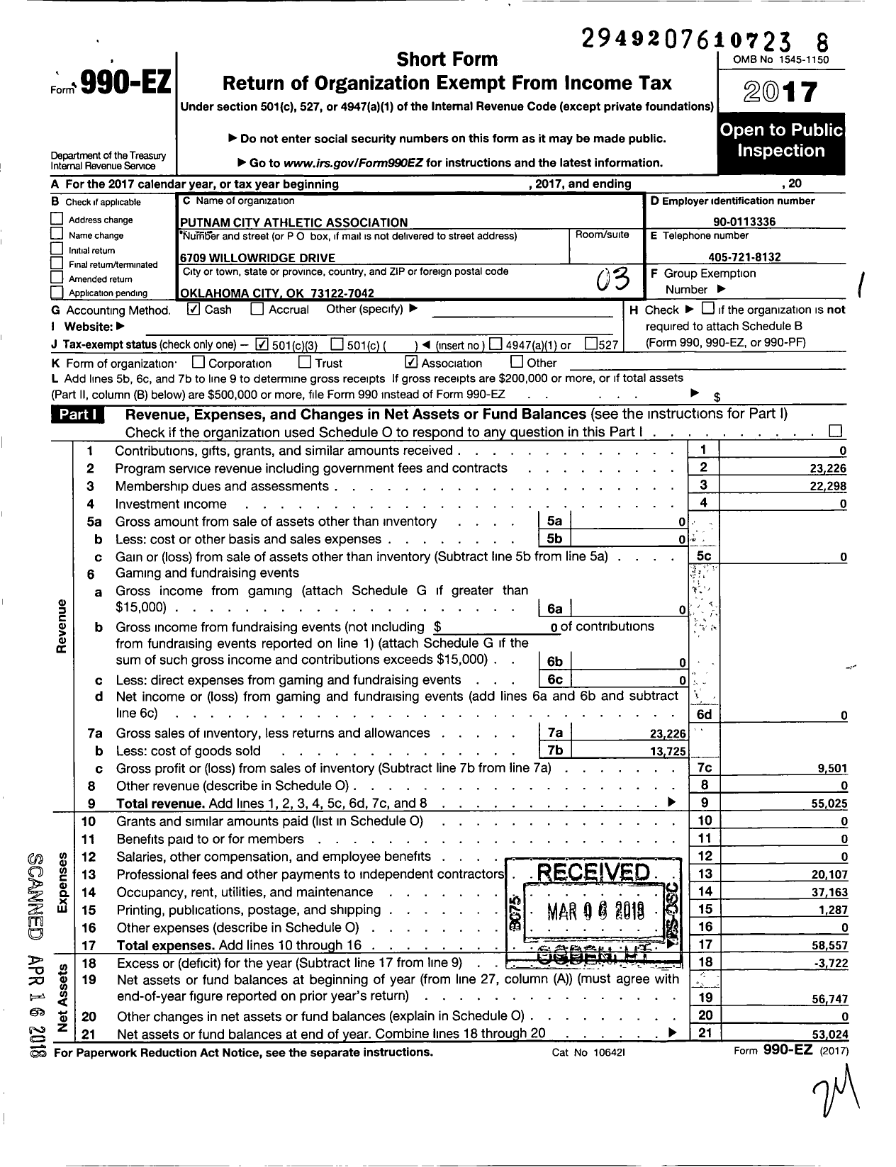 Image of first page of 2017 Form 990EZ for Optimist International - 07144 Putnam City Athlc Assc Oc Ok