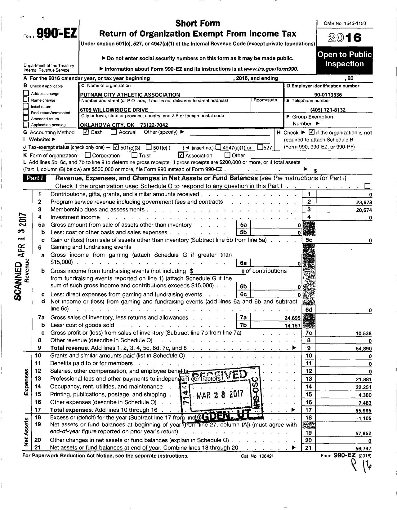 Image of first page of 2016 Form 990EZ for Optimist International - 07144 Putnam City Athlc Assc Oc Ok