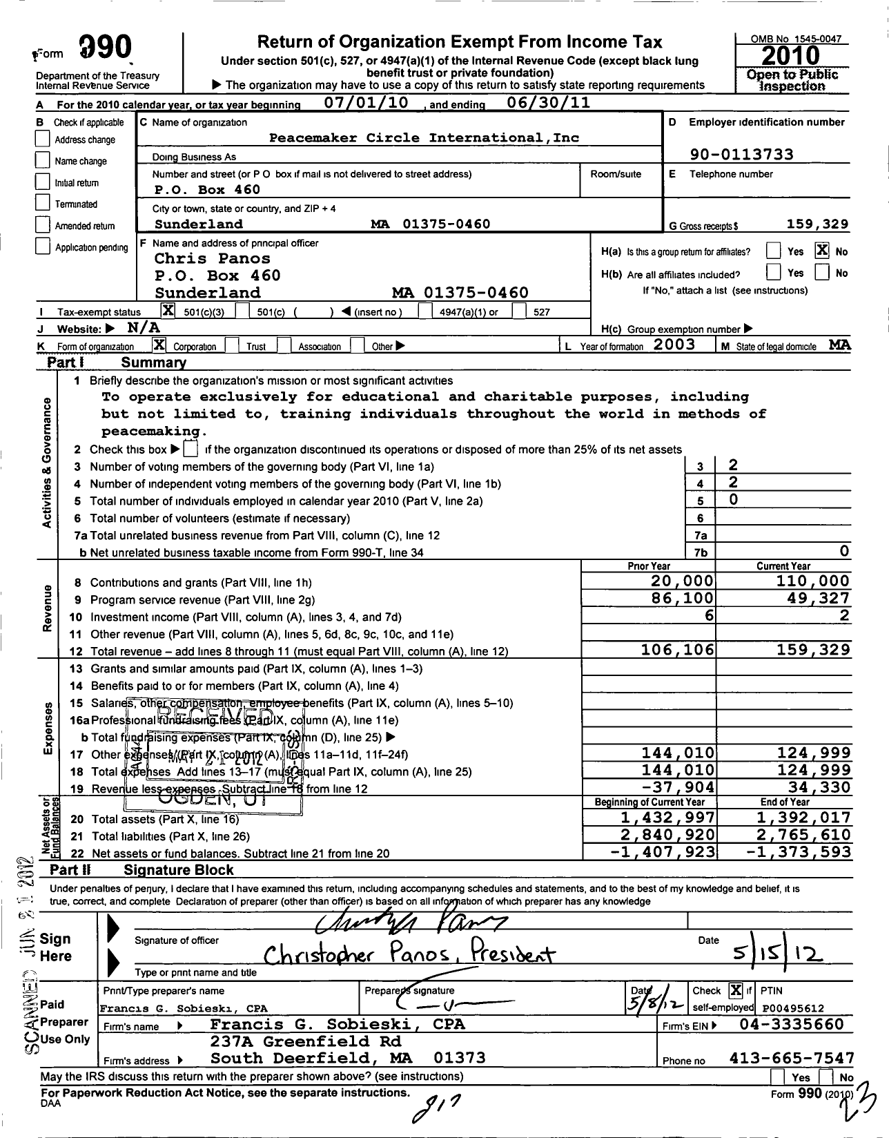 Image of first page of 2010 Form 990 for Peacemaker Circle International