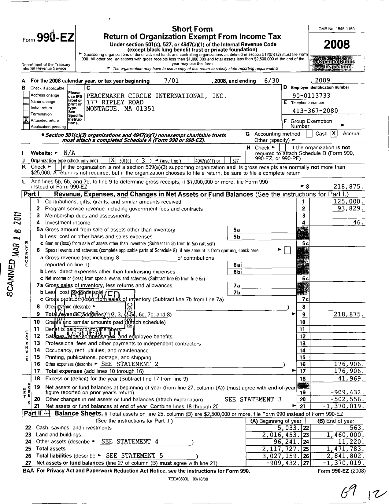 Image of first page of 2008 Form 990EZ for Peacemaker Circle International