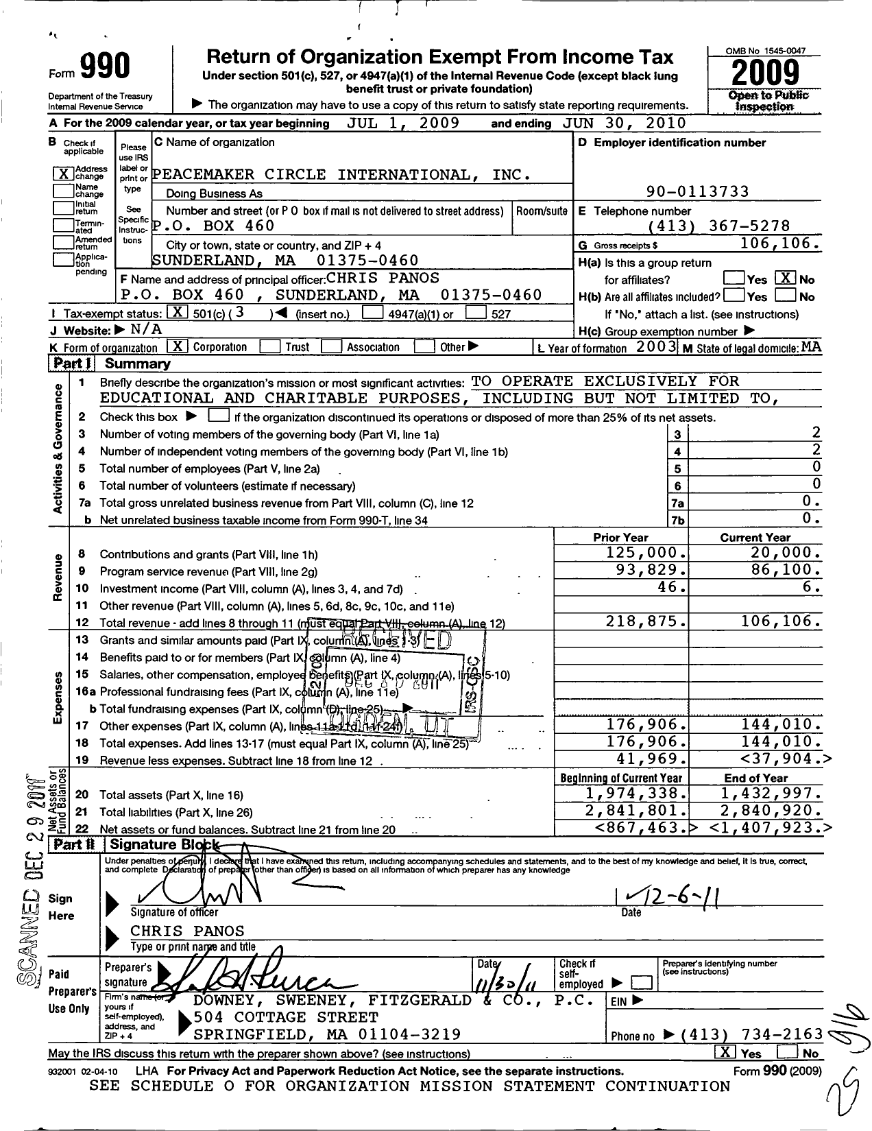 Image of first page of 2009 Form 990 for Peacemaker Circle International