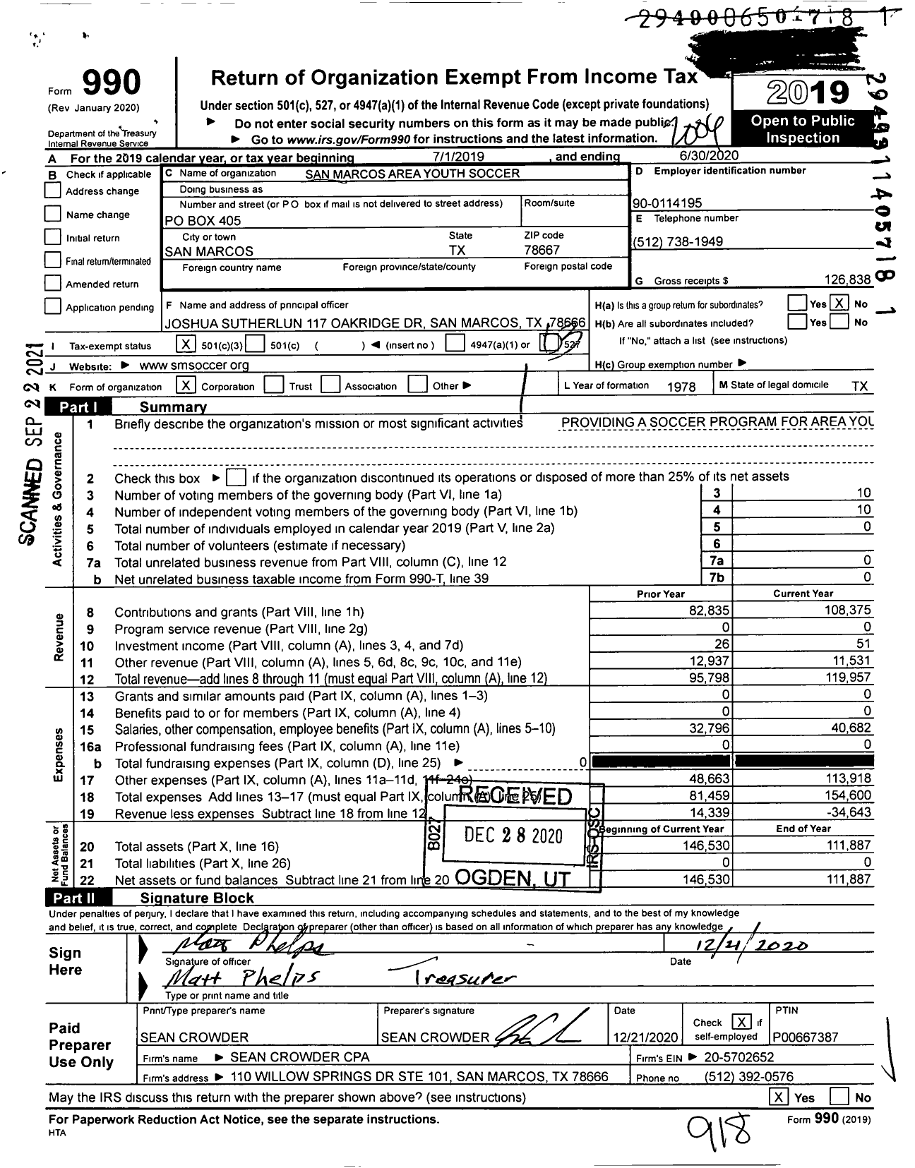 Image of first page of 2019 Form 990 for San Marcos Area Youth Soccer