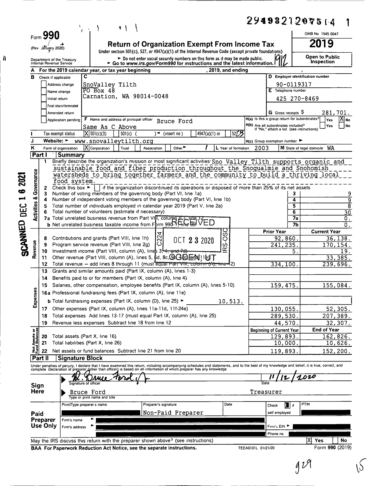 Image of first page of 2019 Form 990 for SnoValley Tilth