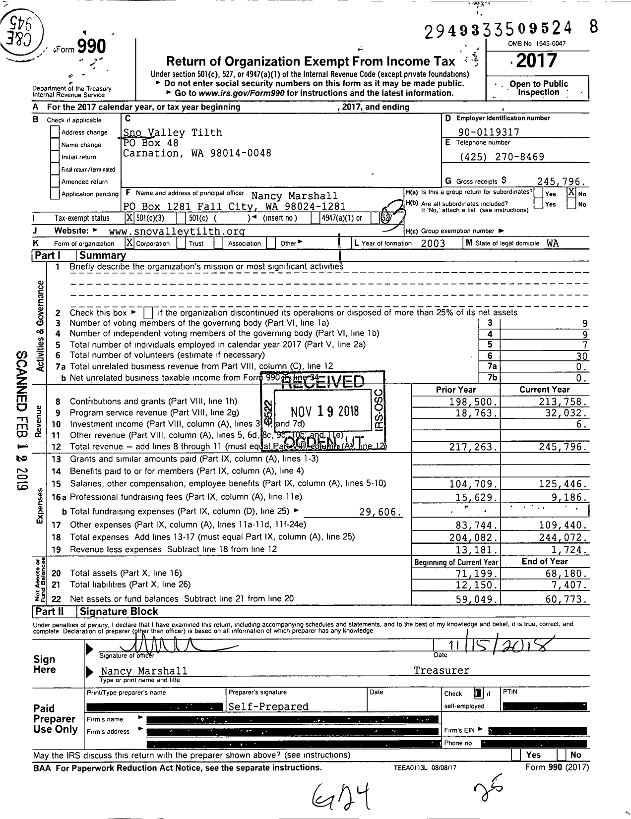 Image of first page of 2017 Form 990 for SnoValley Tilth