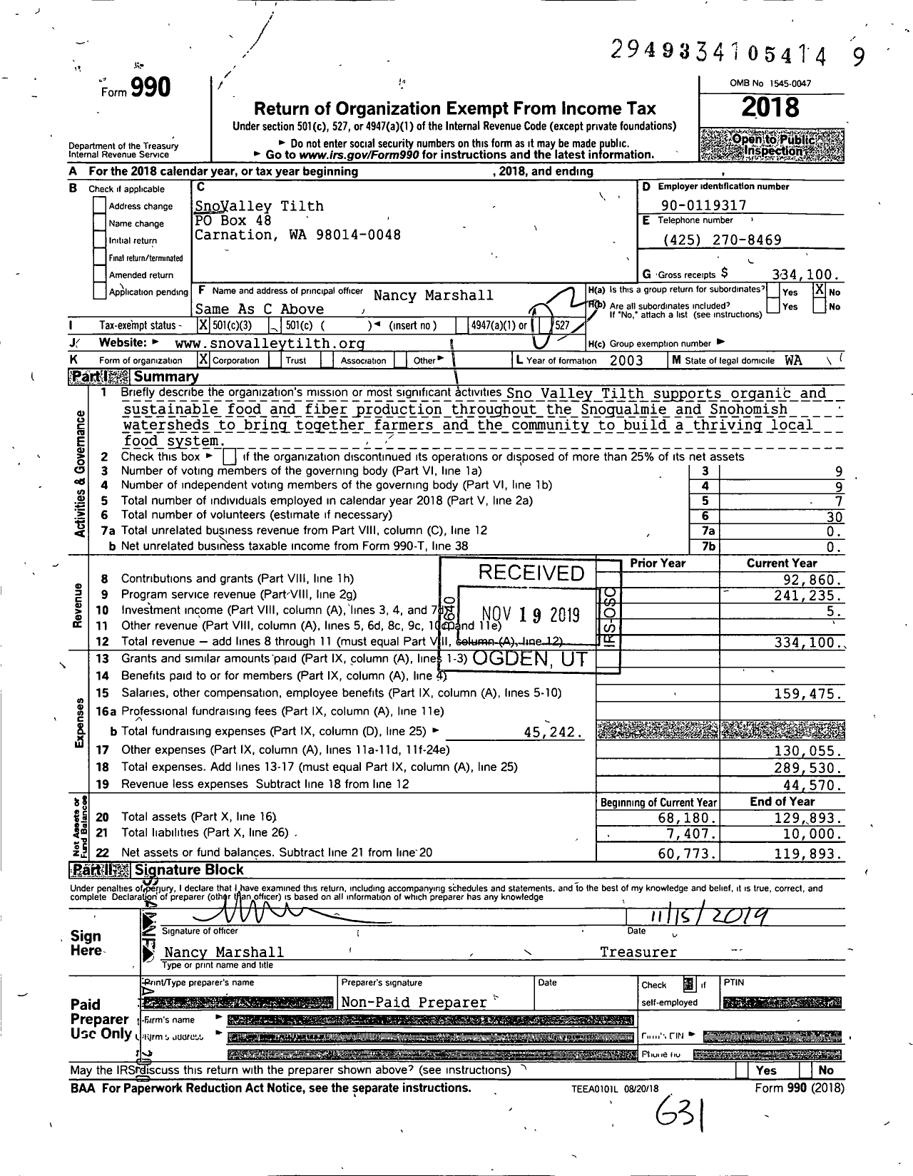 Image of first page of 2018 Form 990 for SnoValley Tilth
