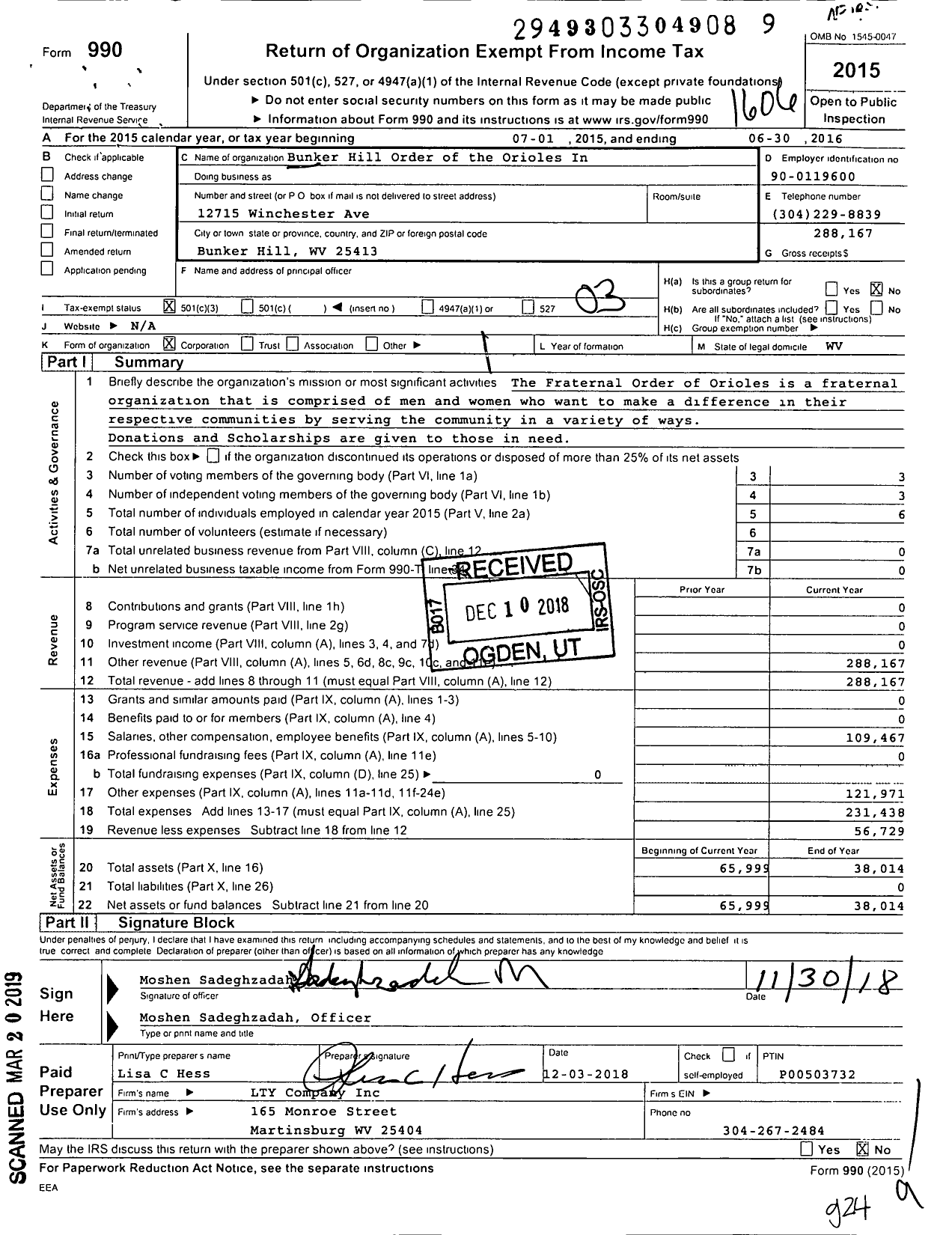 Image of first page of 2015 Form 990 for Bunker Hill Order of the Orioles