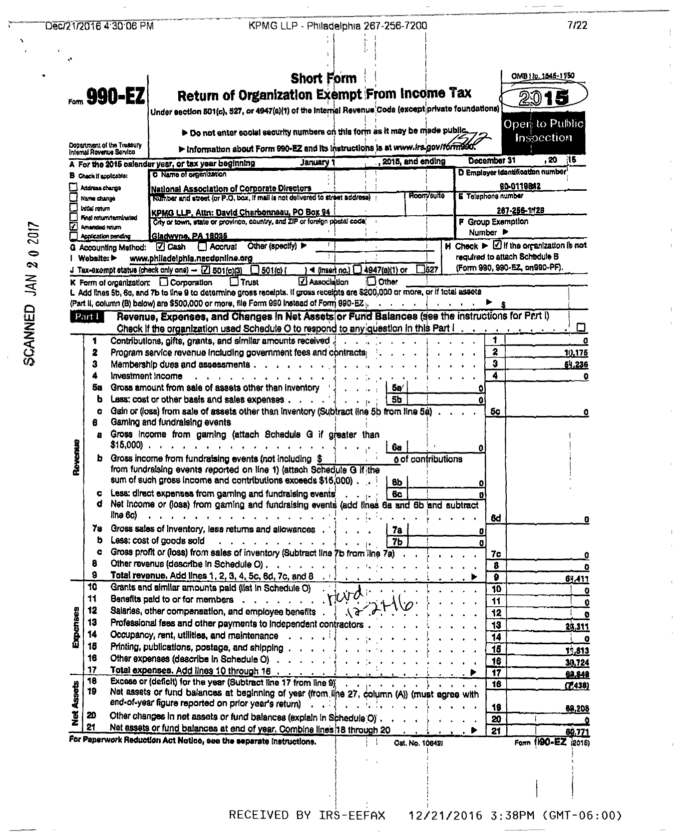 Image of first page of 2015 Form 990EZ for National Associaton of Corporate Directors