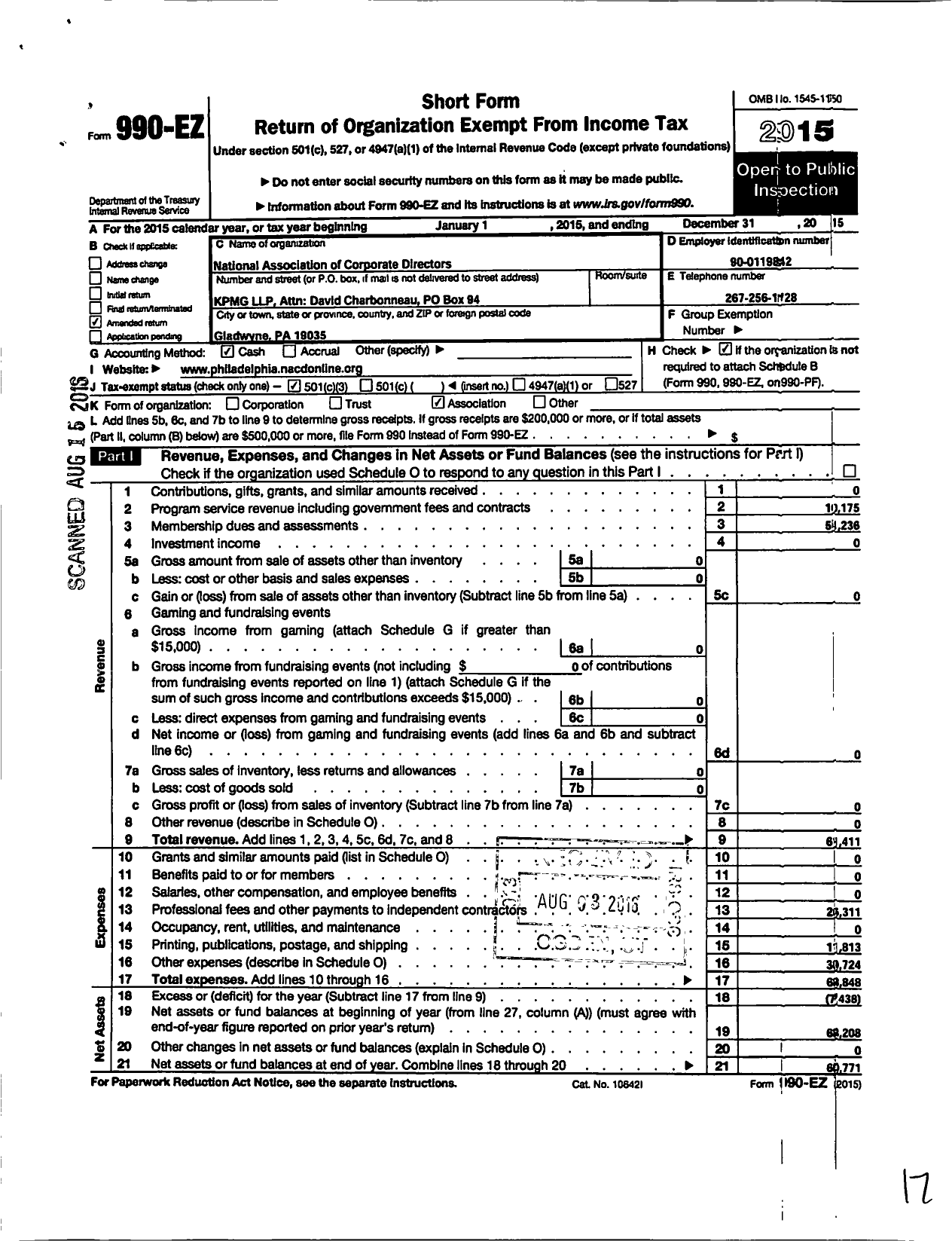 Image of first page of 2015 Form 990EZ for National Associaton of Corporate Directors