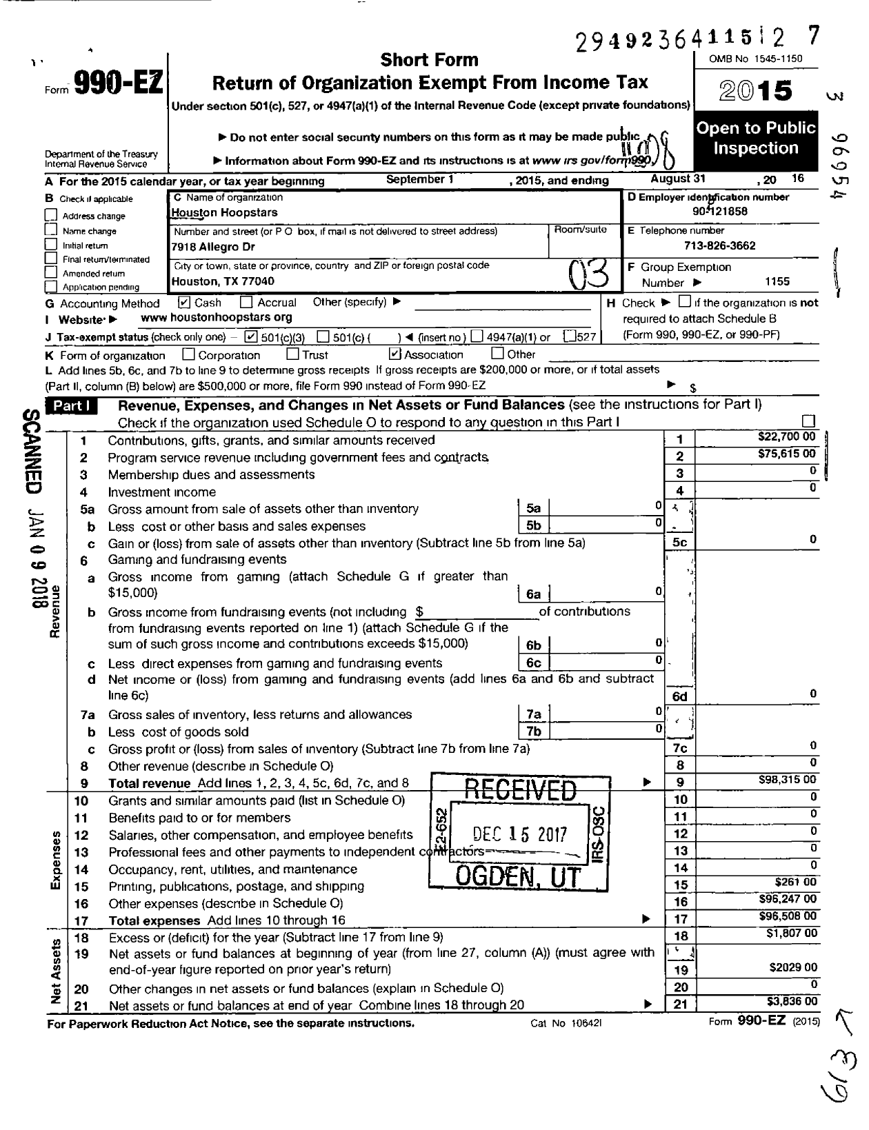 Image of first page of 2015 Form 990EZ for Amateur Athletic Union - Houston Hoopstars