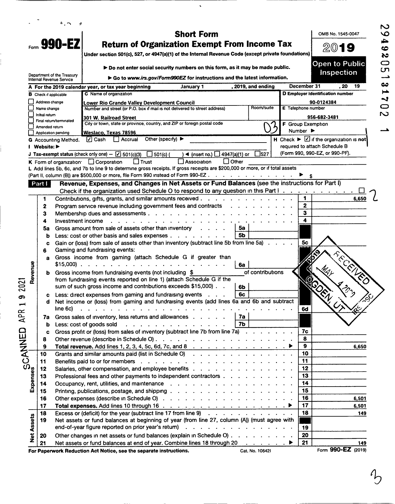 Image of first page of 2019 Form 990EZ for Lower Rio Grande Valley Development Council Corporation