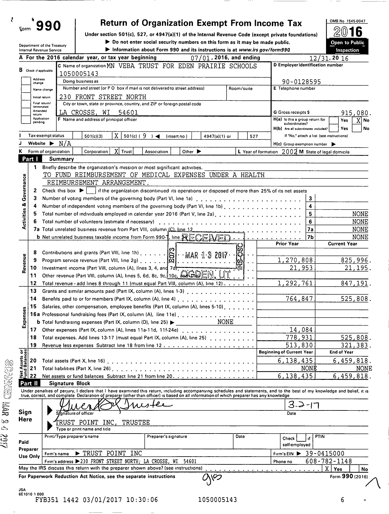 Image of first page of 2016 Form 990O for MN Veba Trust for Eden Prairie Schools 1050005143
