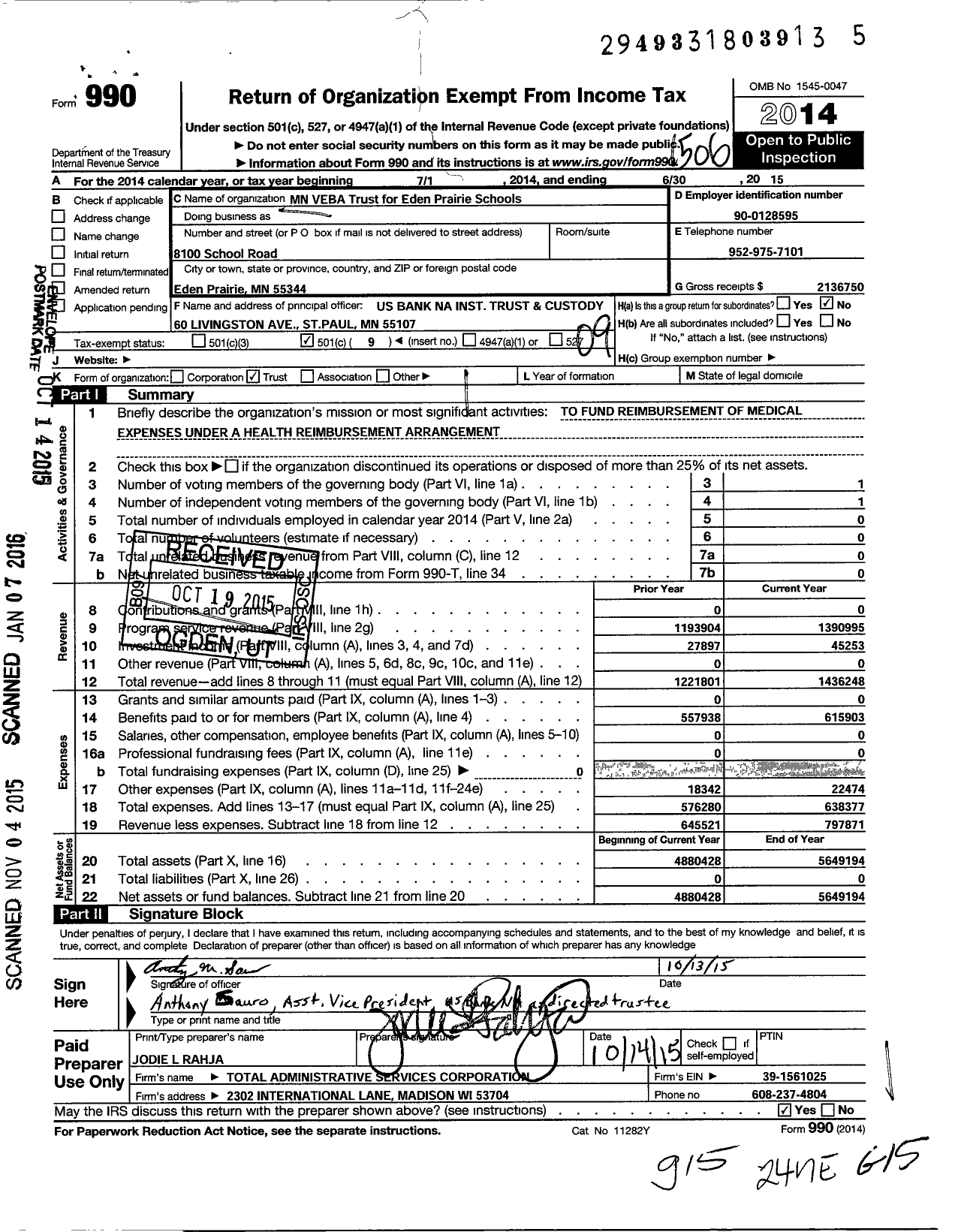 Image of first page of 2014 Form 990O for MN Veba Trust for Eden Prairie Schools 1050005143