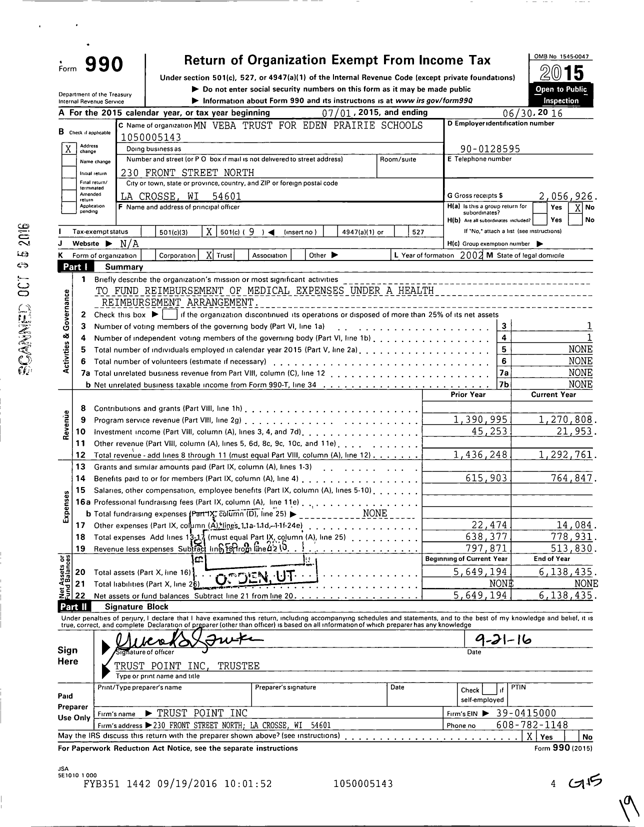 Image of first page of 2015 Form 990O for MN Veba Trust for Eden Prairie Schools 1050005143