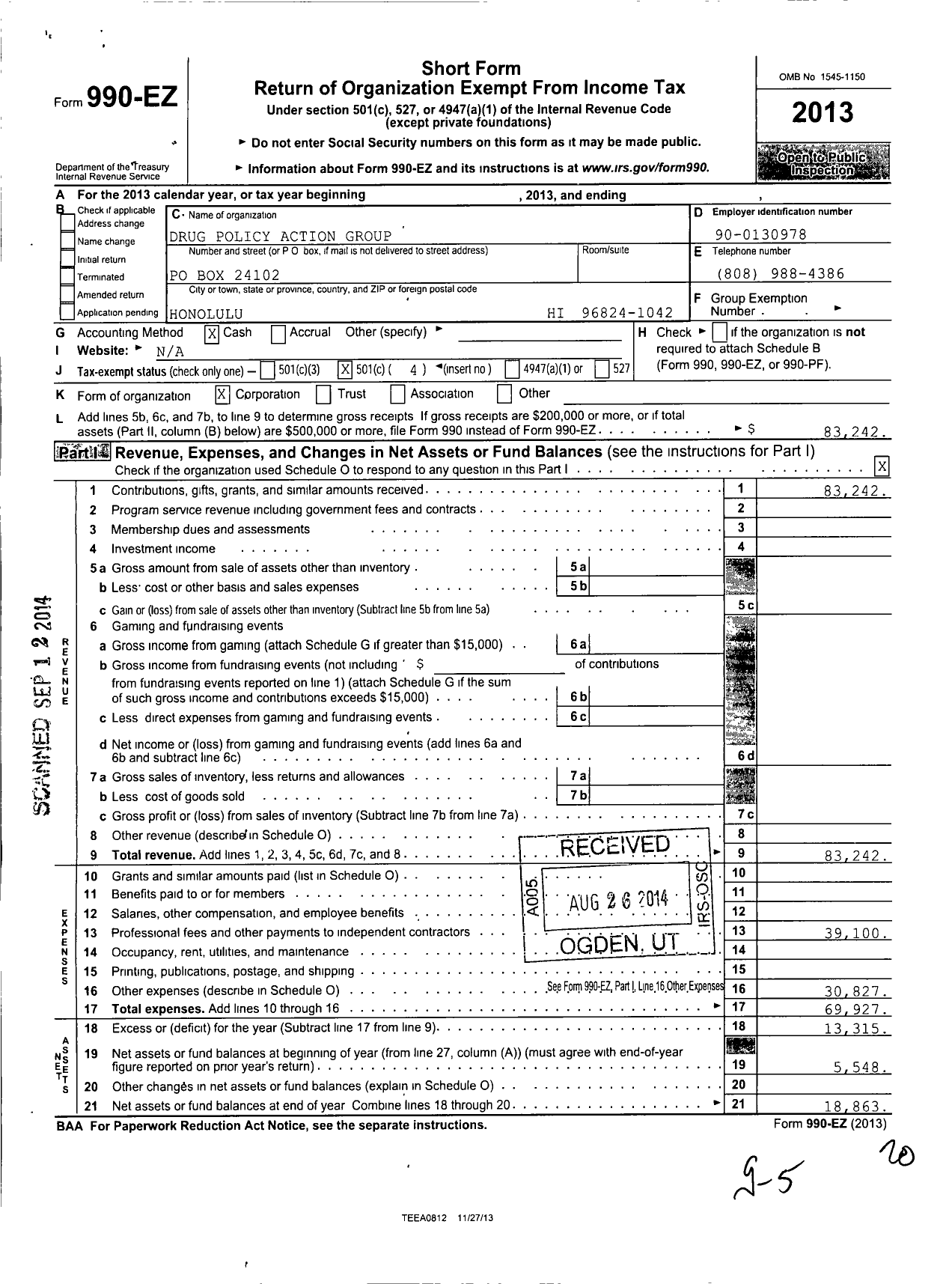 Image of first page of 2013 Form 990EO for Drug Policy Action Group
