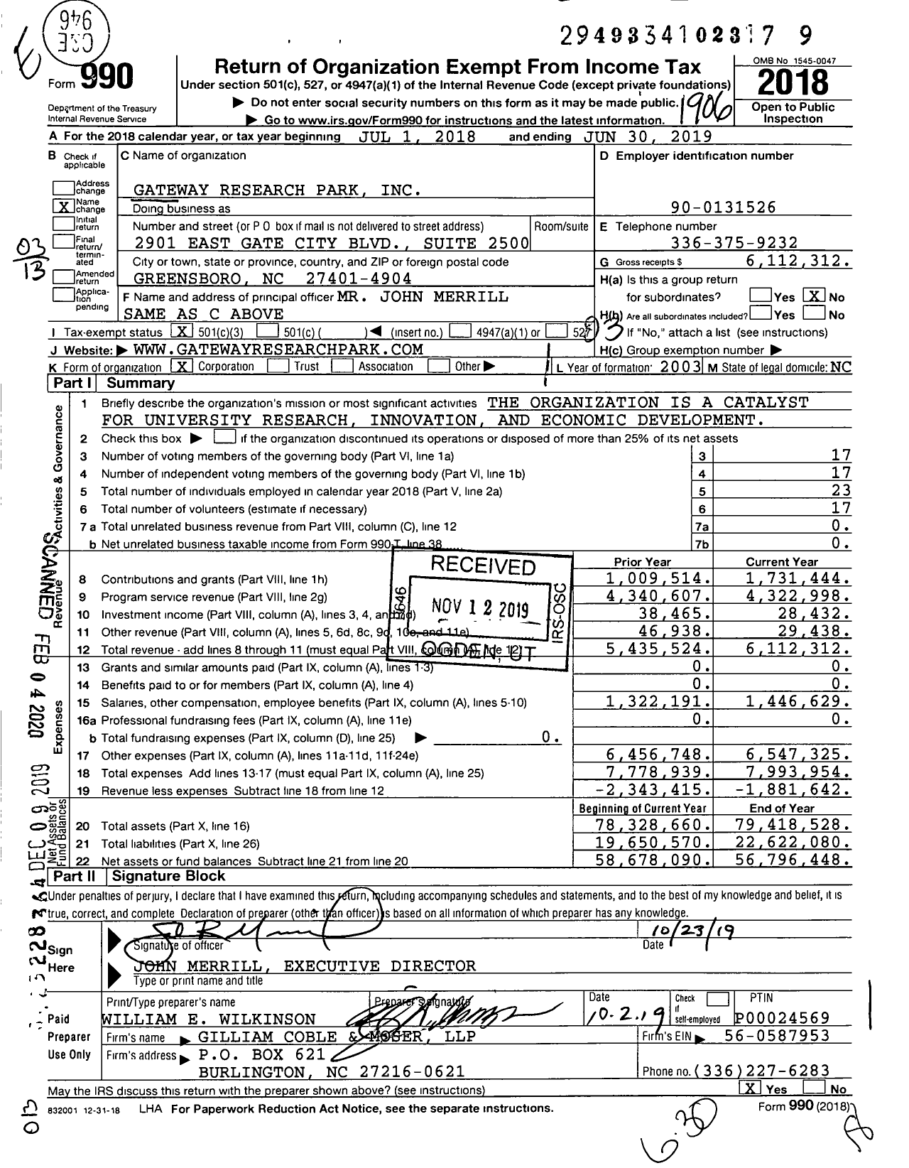 Image of first page of 2018 Form 990 for Gateway Research Park
